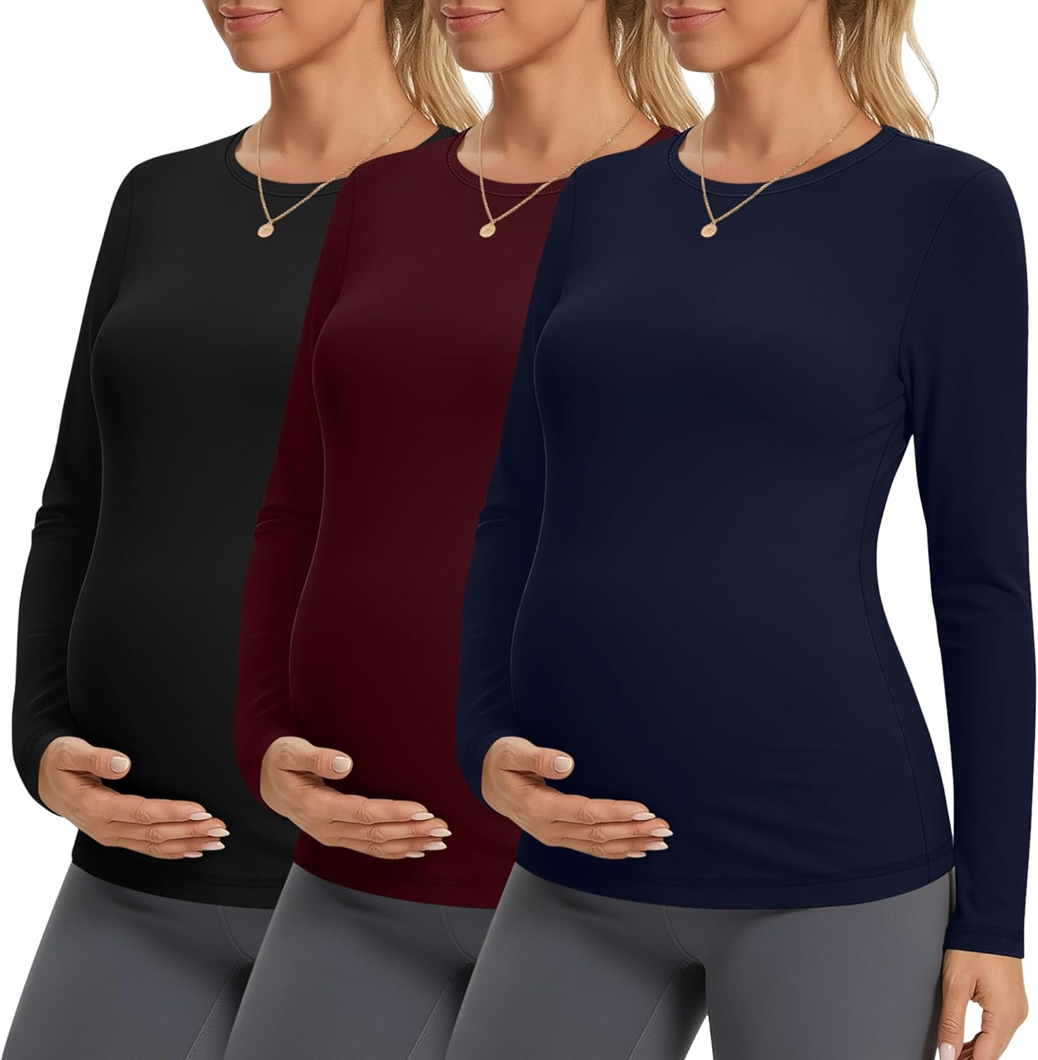 3 Pack Maternity Workout Shirts Long Sleeve Pregnancy Yoga Tops Crew Neck Slim Fit Maternity Athletic Clothes