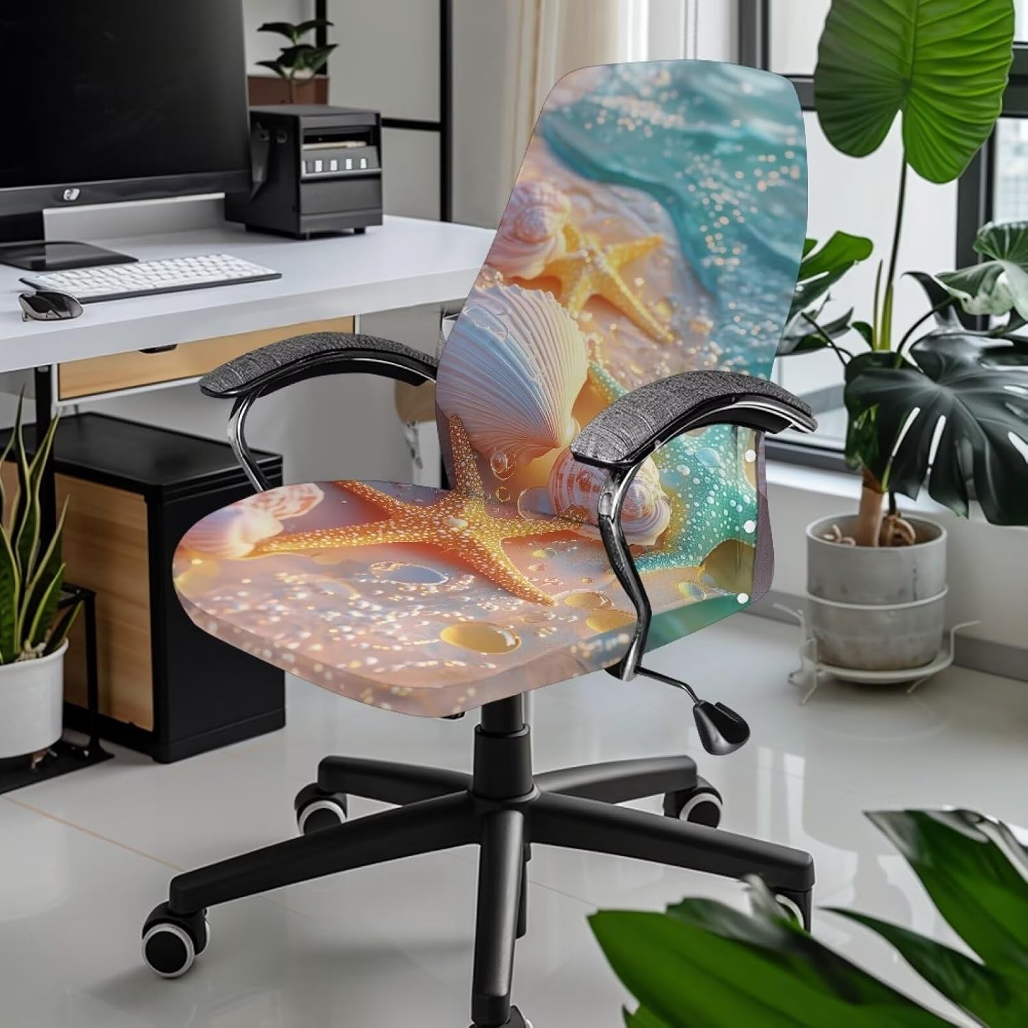 Beach Starfish Computer Office Chair Covers Stretchable High Back Gaming Chair Cover with Elastic Bottom Universal Desk Rotating Chair Slipcovers for Home Office Chairs Decor -L