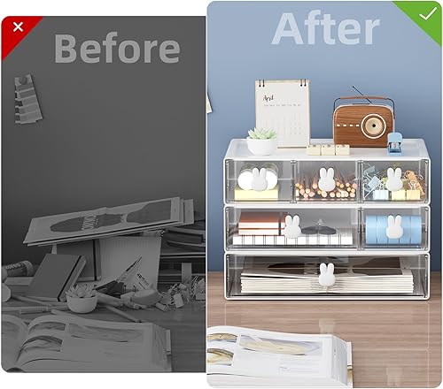 Miniatura 3 de Marbrasse Organizador de escritorio con 2 cajones, cajones de almacenamiento apilables, almacenamiento de maquillaje de plástico, organizadores de