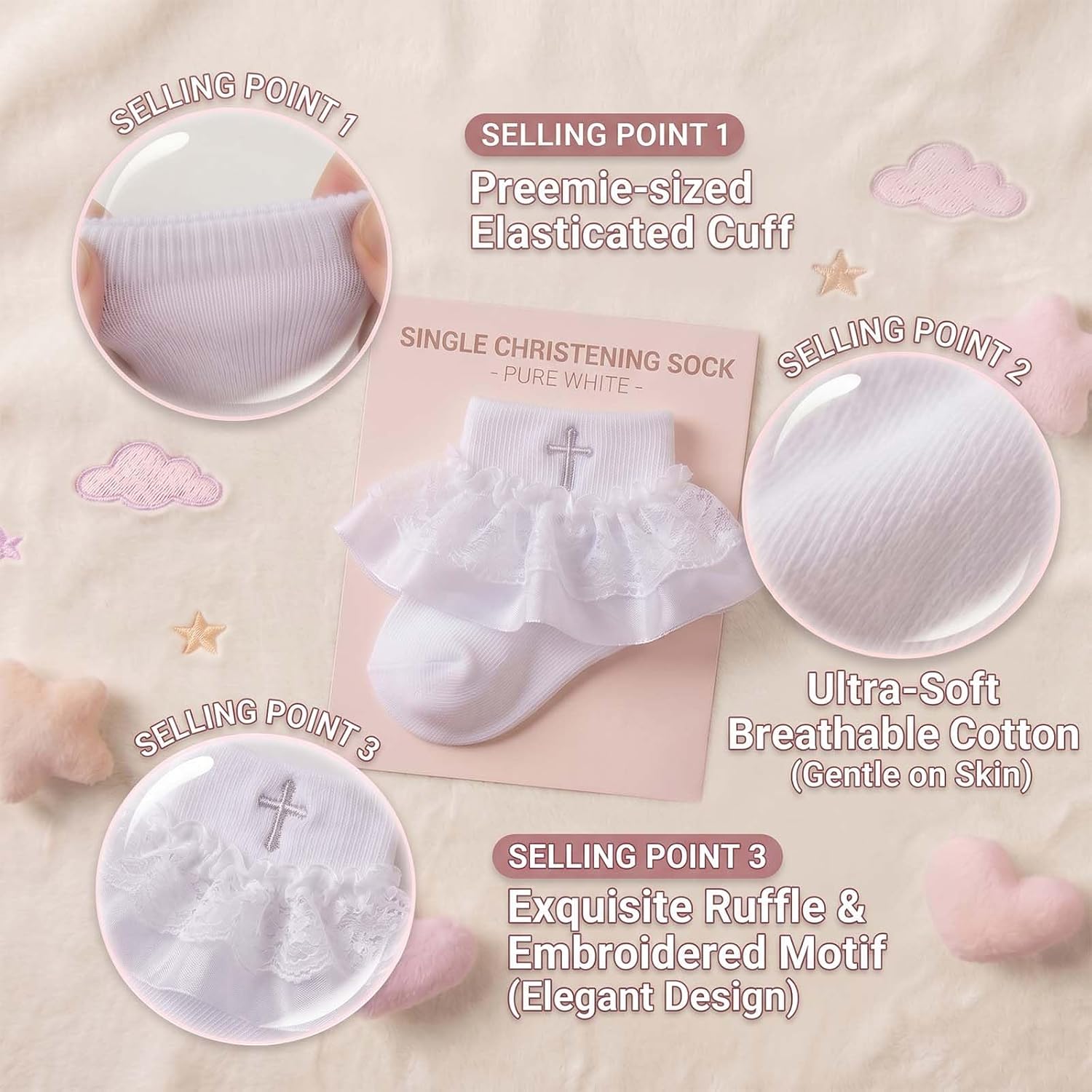 Baptism Socks for Baby Girls: White Ruffle Christening Frilly with Silver Gold Cross for Newborn Infants 0-12 Months