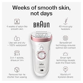 Braun Silk-pil 9 9/890 SensoSmart Epilator, Waterproof, Wet & Dry Epilator, Cordless, with Shaver Head and Bikini Styler, Epilate, Shave, or Trim, Long-Lasting Results