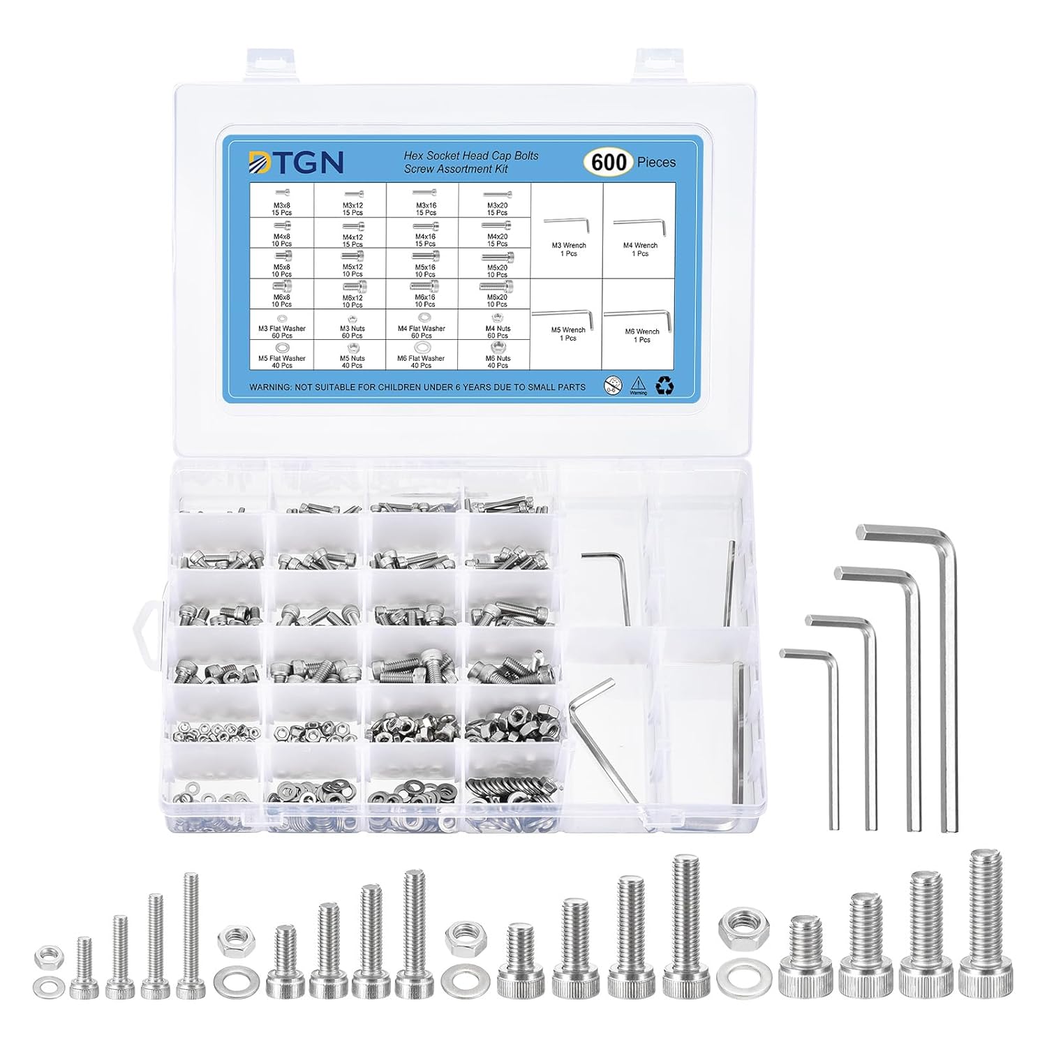 DTGN 600Pcs Metric Screw Assortment, M3 M4 M5 M6 Bolts and Nuts Kit, 304 Stainless Steel 8/12/16/20mm Hex Socket Head Cap Screws Bolt Set with Wrench, Washers for 3D Printing DIY