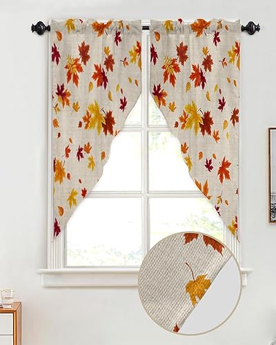 Miniatura 2 de Cortinas con diseño de hojas de arce rojo naranja otoñal, cenefas de cocina con bolsillo para barra, par de festones, follaje caído de Acción de