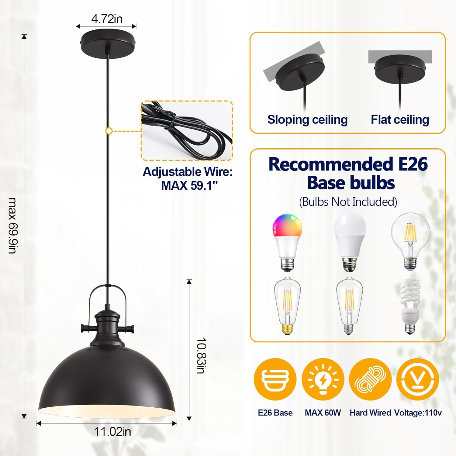 Black Pendant Light Kitchen Island, 11" Modern Farmhouse Dome Hanging Lamp,Industrial Vintage Light Fixture for Kitchen Island, Dining Room, Hallway and Entryway, E26 Base