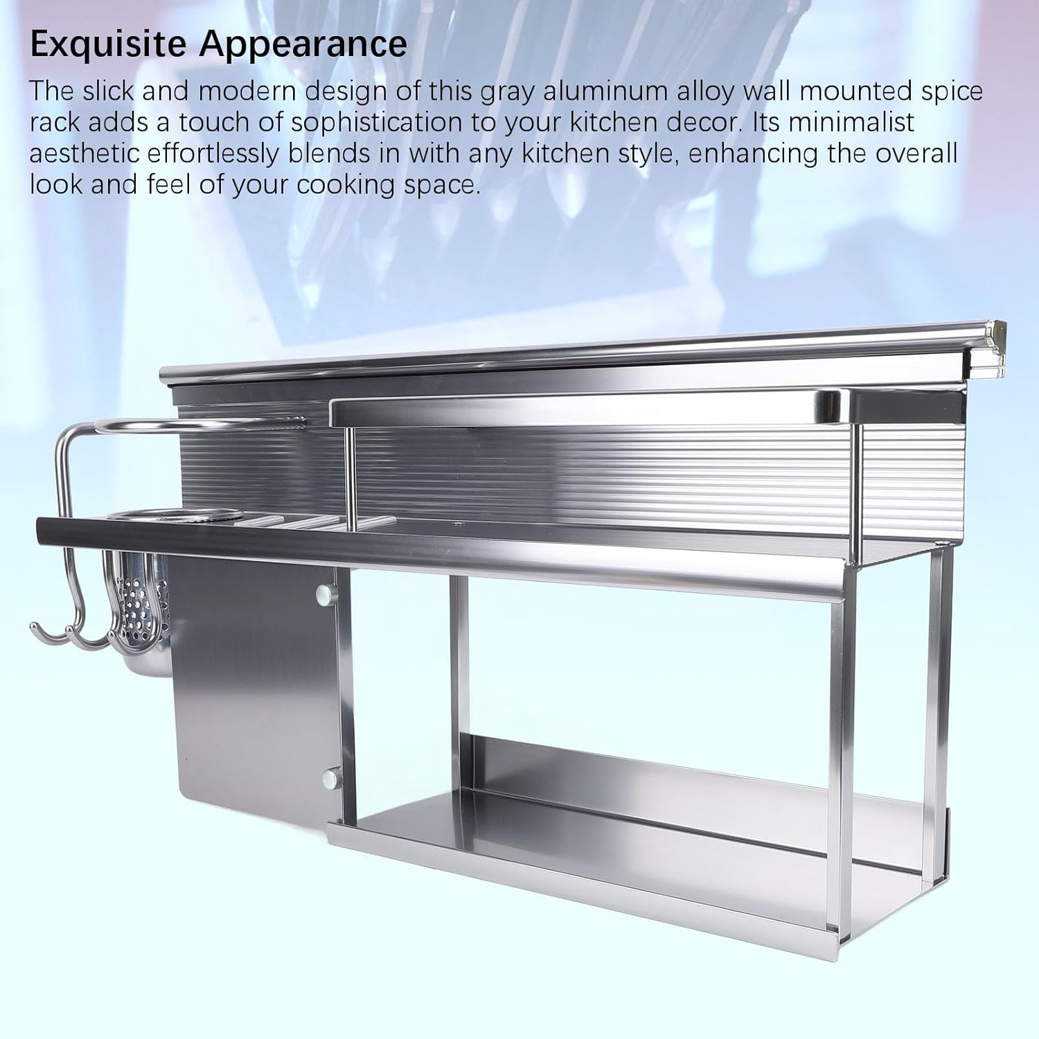 Kitchen Utensil Rack Wall Mounted, Grey Aluminium Alloy Utensils Hanger with Chopstick Holder and 3 Hooks, for Knife Seasoning Jar