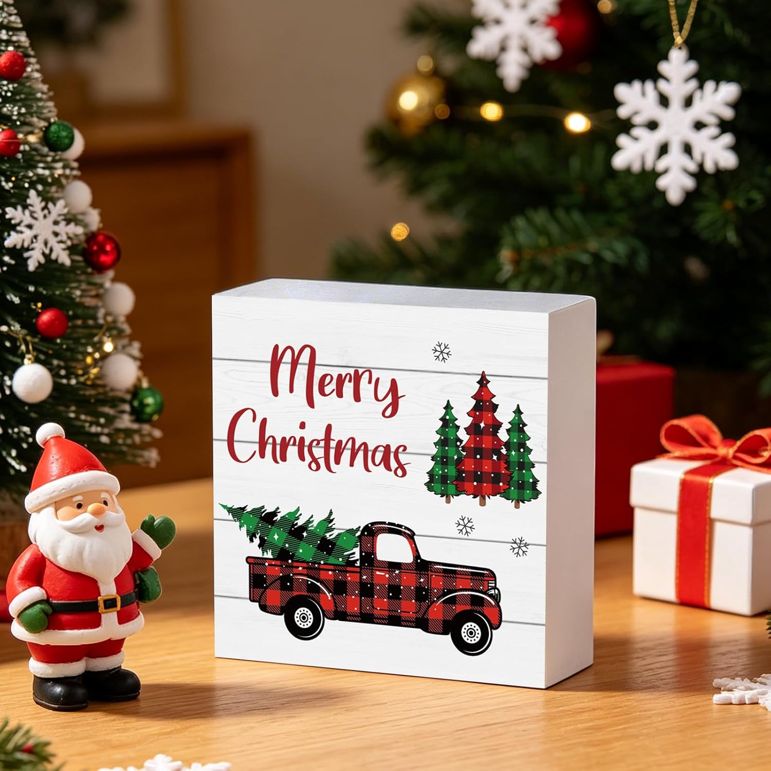 Christmas Decorations Indoor Christmas Decor Table Home Room Truck Office Bathroom Wood Box Sign Rustic Wooden Shelf Desk Decor Season Sign House Warming Gifts 5.9 x 5.9 Inch