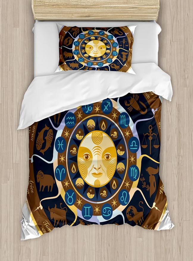 Ambesonne Astrology Duvet Cover Sets, Aries Taurus Gemini Cancer Leo Virgo Libra Scorpio Horoscope Signs, Bedding Set with 2 Duvet Covers & 2 Pillowcases, 2 Pack Twin Size, Brown Yellow and Blue