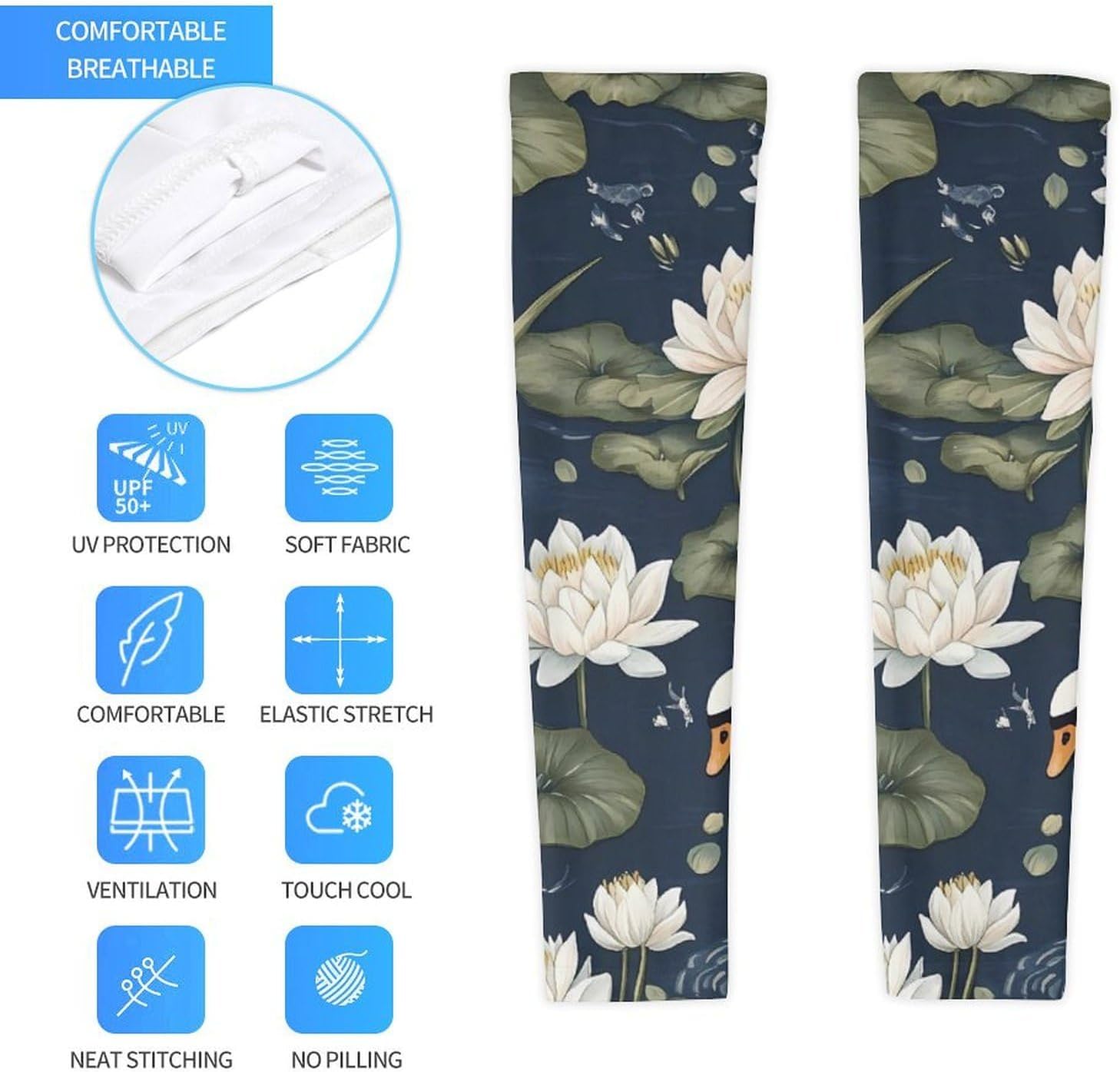 Peaceful Swans Water Lilies Pattern Arm Sleeves Cooling Sun Protection Sports Compression for Golf Basketball