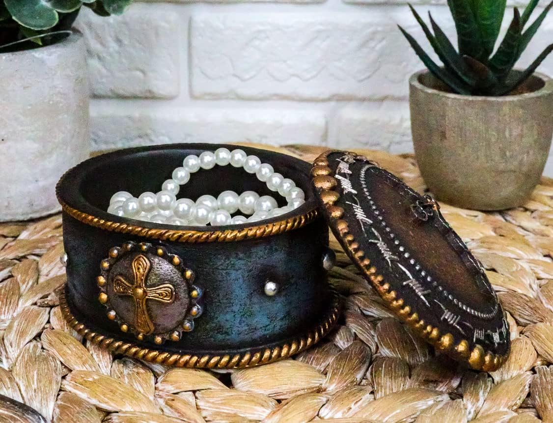 Ebros Gift Rustic Western Cowboy Cowgirl Horseshoes Cross Golden Ropes And Twisted Barbed Wires Decorative Jewelry Trinket Box Figurine
