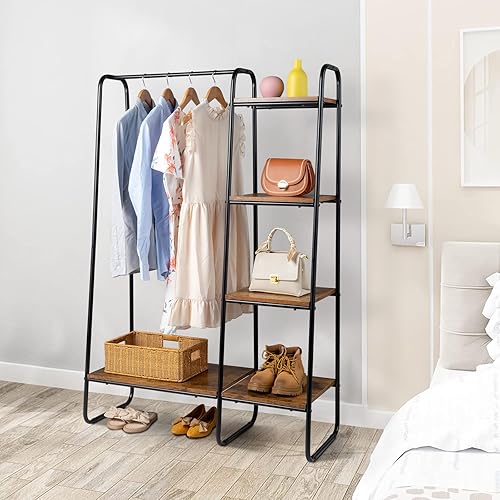 Vista 15 de Perchero de ropa con estantes, estantes para colgar ropa, perchero de ropa resistente, perchero portátil con estantes, armario de pie (blanco)