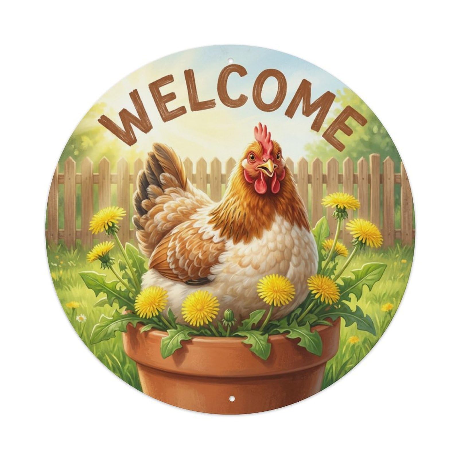 Welcome Chicken Dandelion Yard Metal Tin Sign