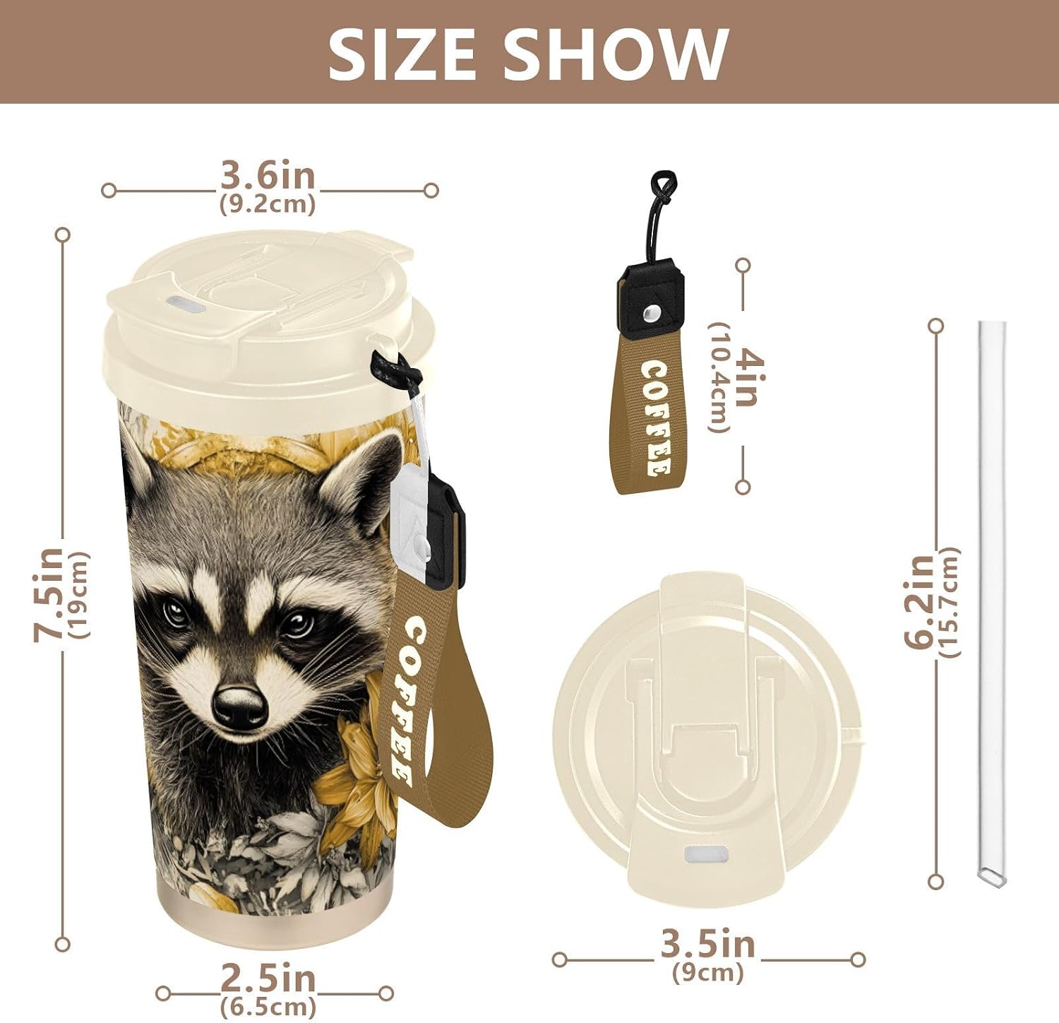 Raccoon Floral Cute Insulated Coffee Mug with Straw & Flip Lid, 16.9oz Iced Tumbler Cup, Double Wall Vacuum Leak-Proof Mug for Travel Office