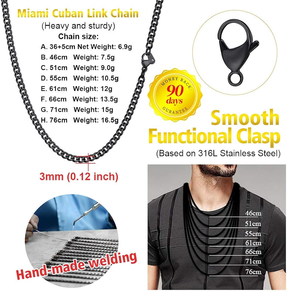 PROSTEEL Cuban Link Chain Necklace 3mm Black 22 inch Men and Women Hiphop Jewelry, 3mm-black, 21.65 inches - Image 5