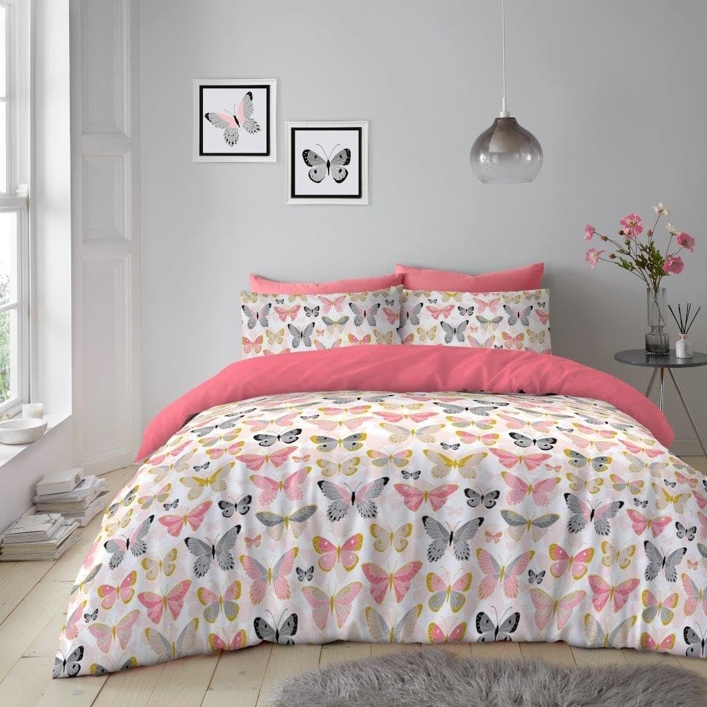 Parure de Lit 220x240 Rose Imprimé Papillon avec Housse de Couette et 2 Taies 65x65