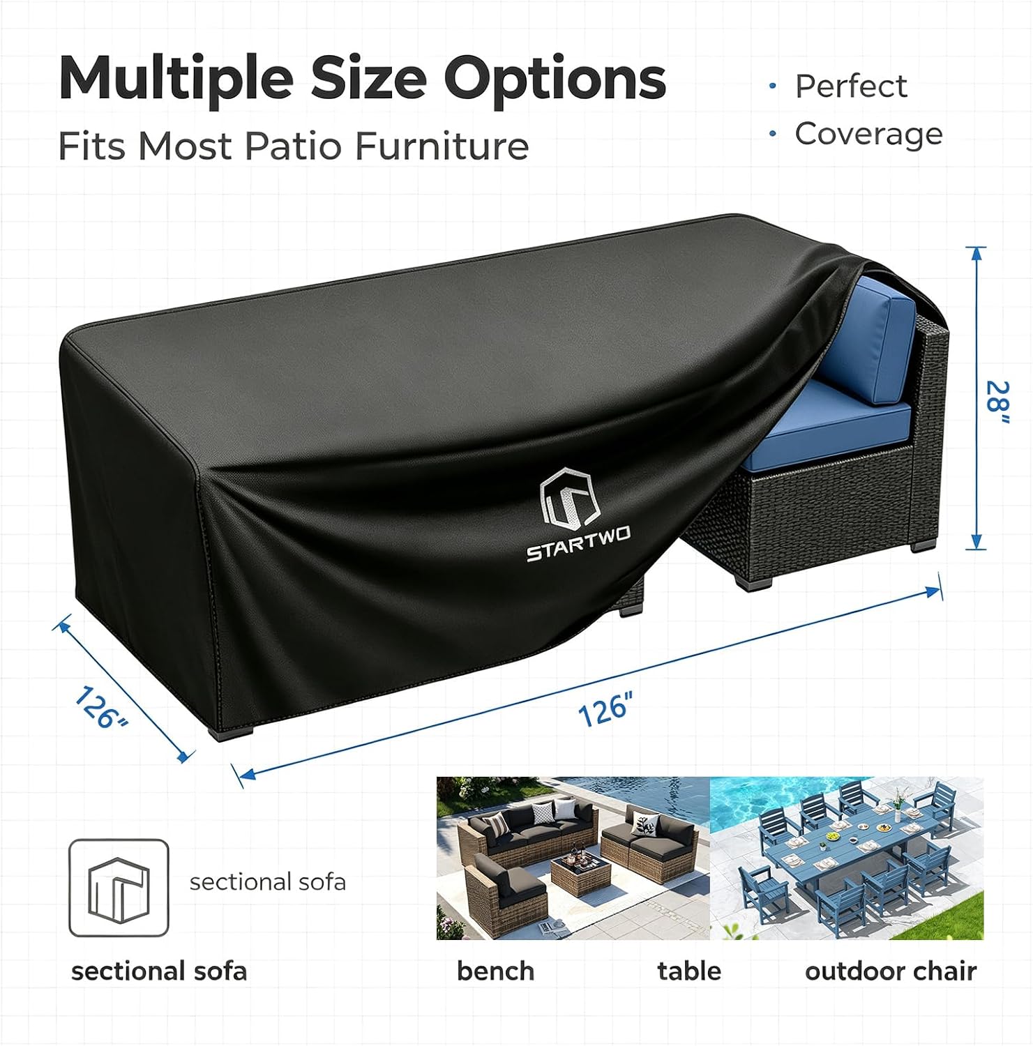 STARTWO Patio Furniture Covers Waterproof, Heavy Duty 7-12 Seats Large Outdoor Furniture Cover for Sectional Sofa,Table Chairs, 126x126x28, Black