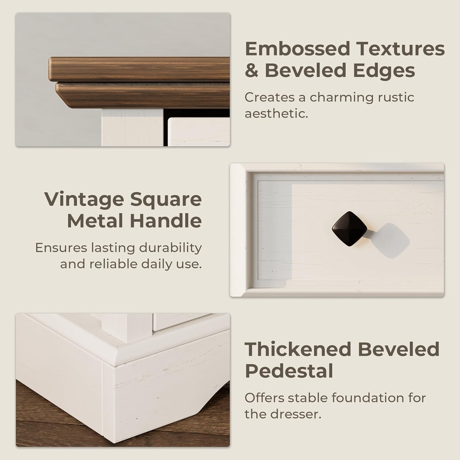 Close-up details of the dresser's embossed textures, beveled edges, vintage metal handle, and thickened pedestal