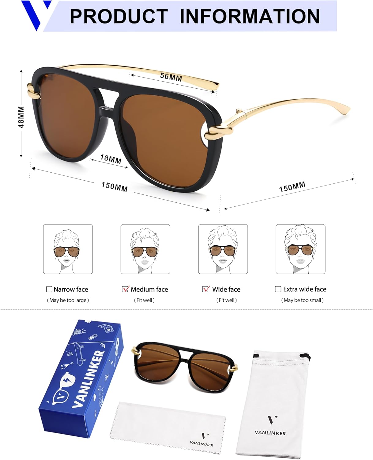 VANLINKER Trendy Square Aviator Sunglasses for Women Men Retro 70s Oversized Aviators Shades VL9910 - Image 6