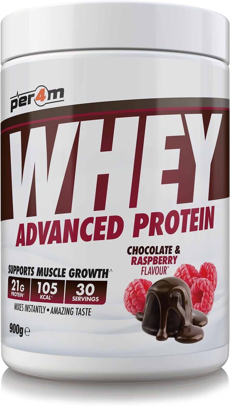 Per4m Whey Protein Powder | High Protein Shake for Muscle Growth & Recovery | Low Sugar Gym Supplement | Sports Nutrition Drink + Amino Acids (900g, Chocolate & Raspberry)