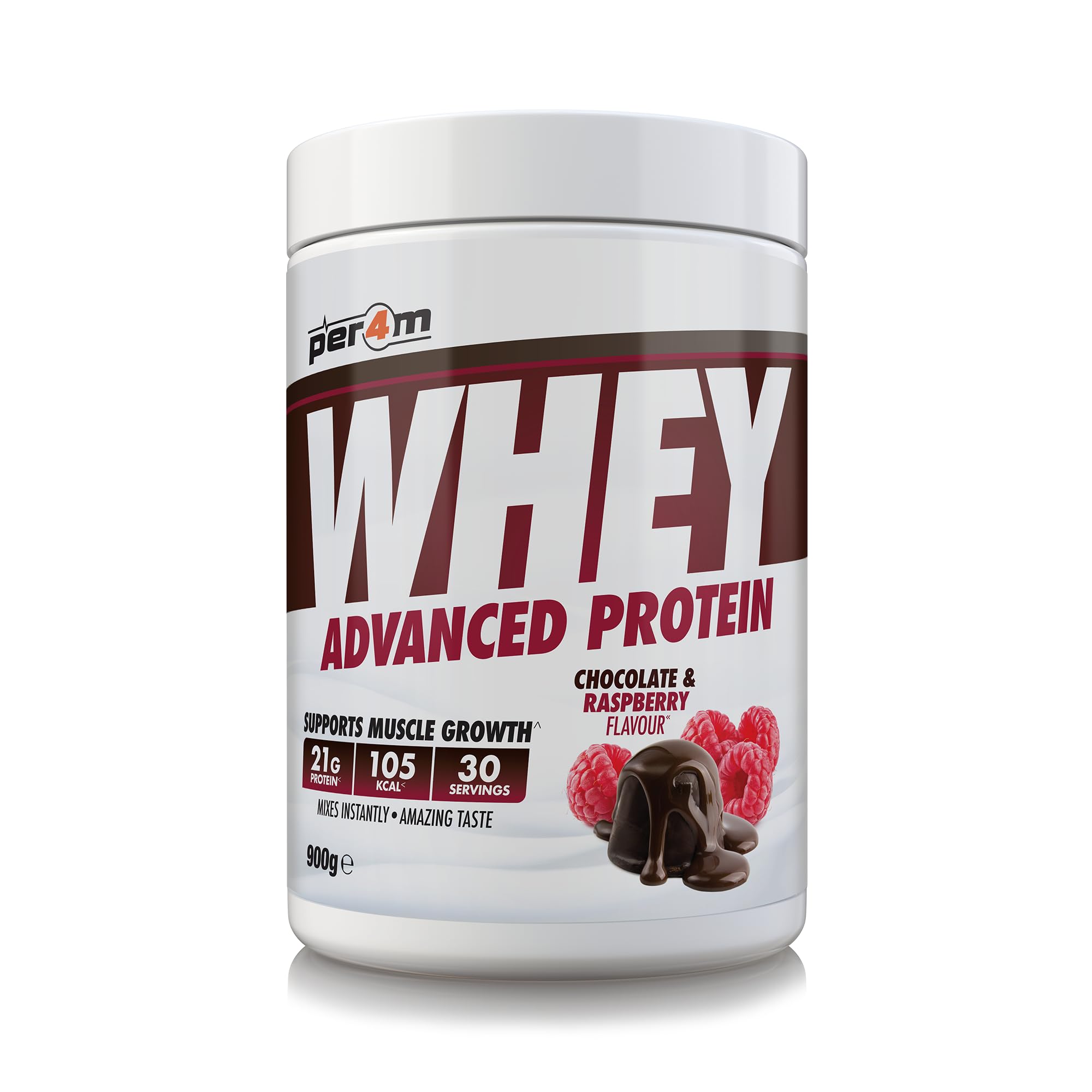 Per4m Whey Protein Powder | High Protein Shake for Muscle Growth & Recovery | Low Sugar Gym Supplement | Sports Nutrition Drink + Amino Acids (900g, Chocolate & Raspberry)