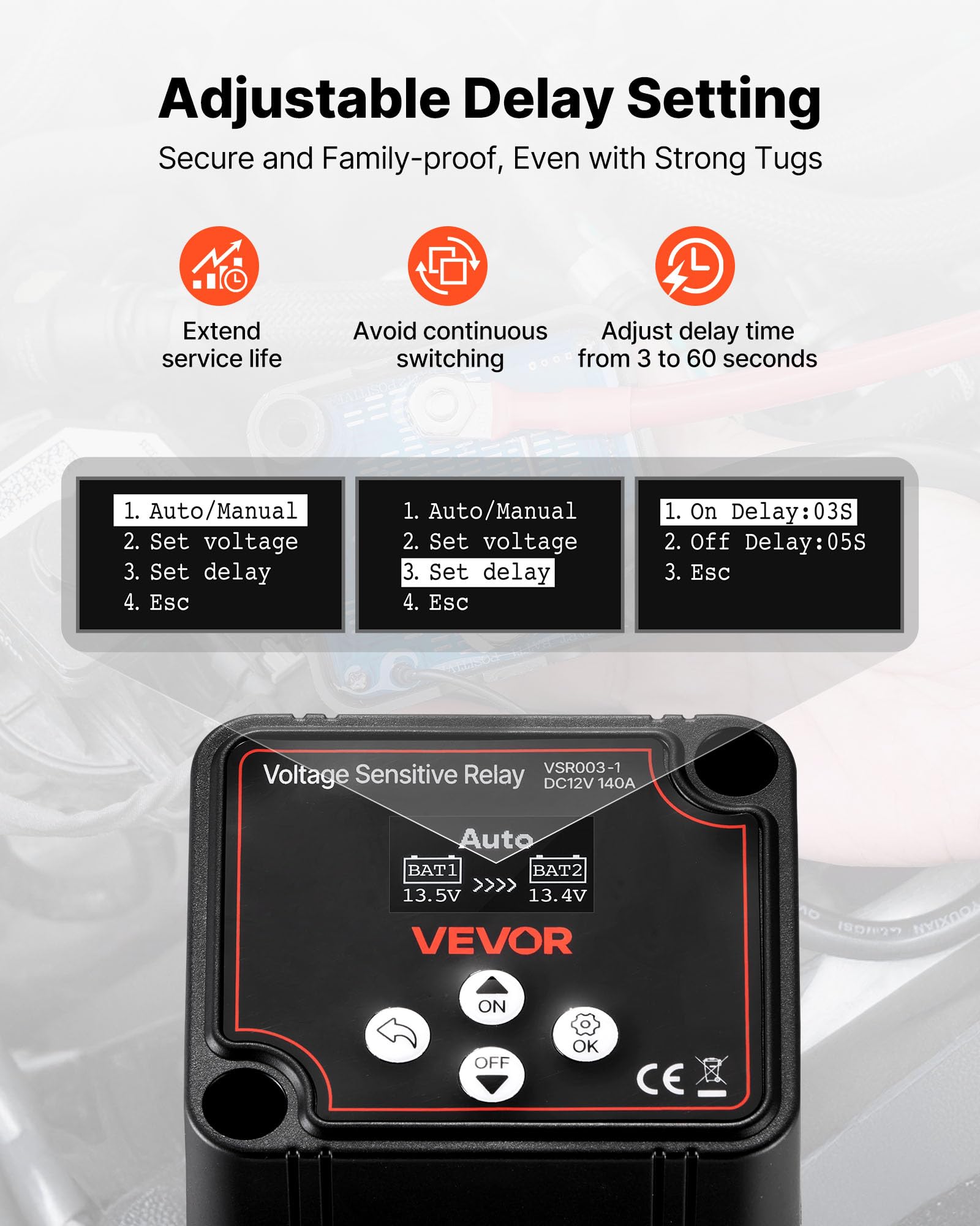 VEVOR Doppelbatterie Trennrelais Kit, 12 V, 140 A, VSR-spannungsempfindliches Relais mit Voltmeter, LCD-Bildschirm, Batterie-Trennschalter, kompatibel mit Blei-Säure-Batterien, für UTV, ATV