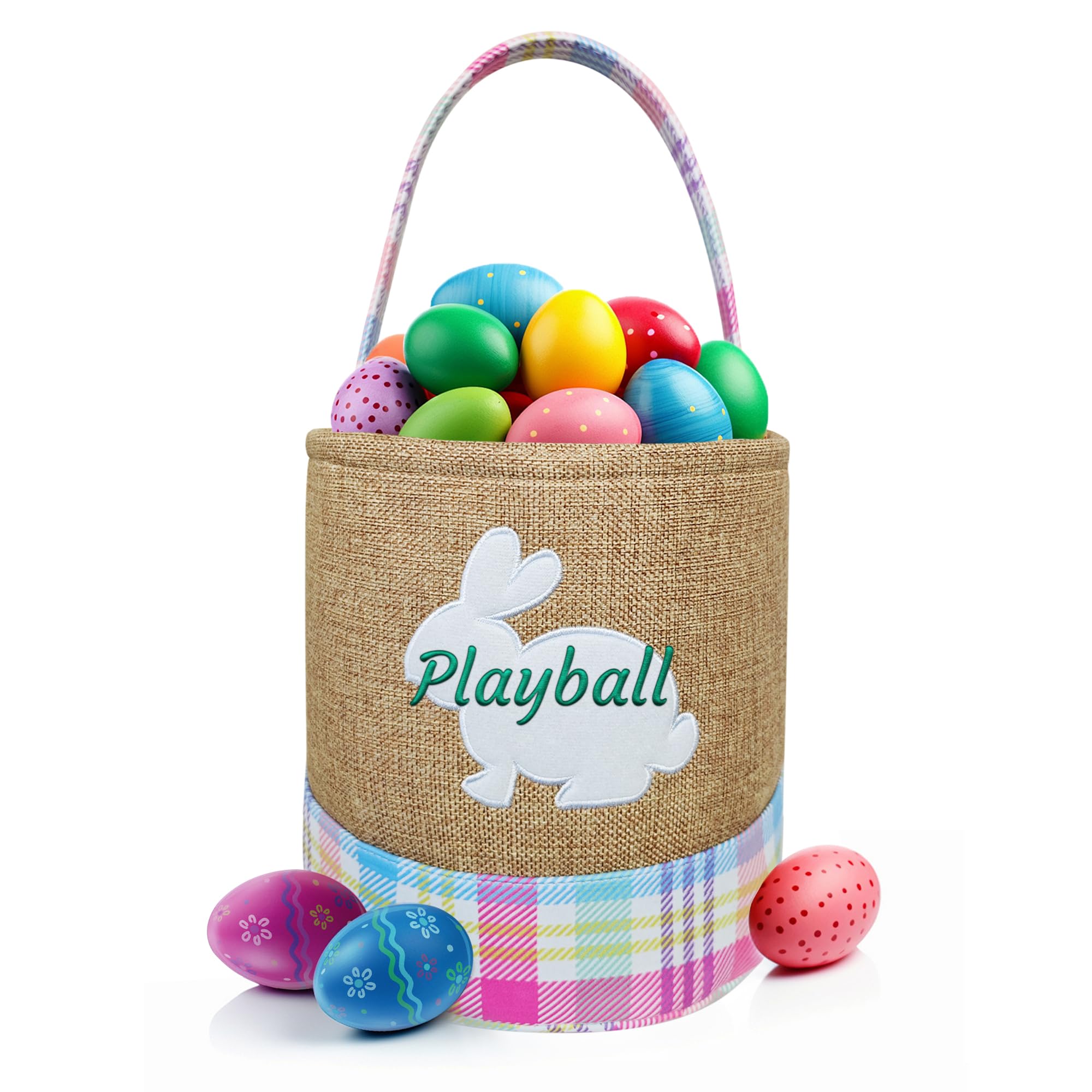 HUTARIO Personalized Easter Basket Egg Hunt Custom Embroidered Bunny Baskets for Kids with Cute Rabbit Storage, Plaid, Candies, Easter Party Gifts