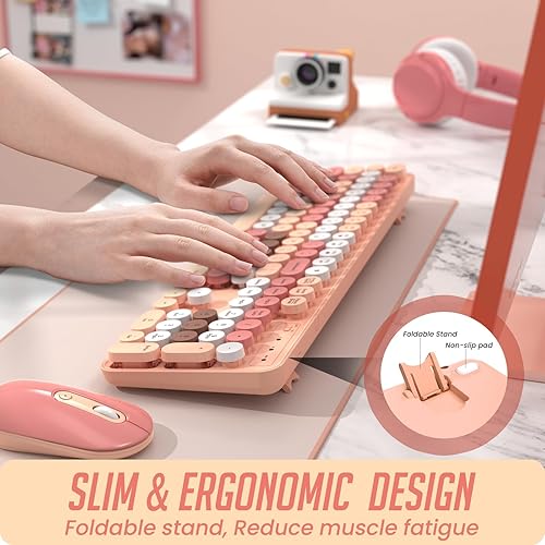Vista 17 de Teclado y mouse inalámbricos, teclado silencioso y mouse combinados, teclado colorido de tamaño completo con teclas redondas, bonito mouse de 2.4 G