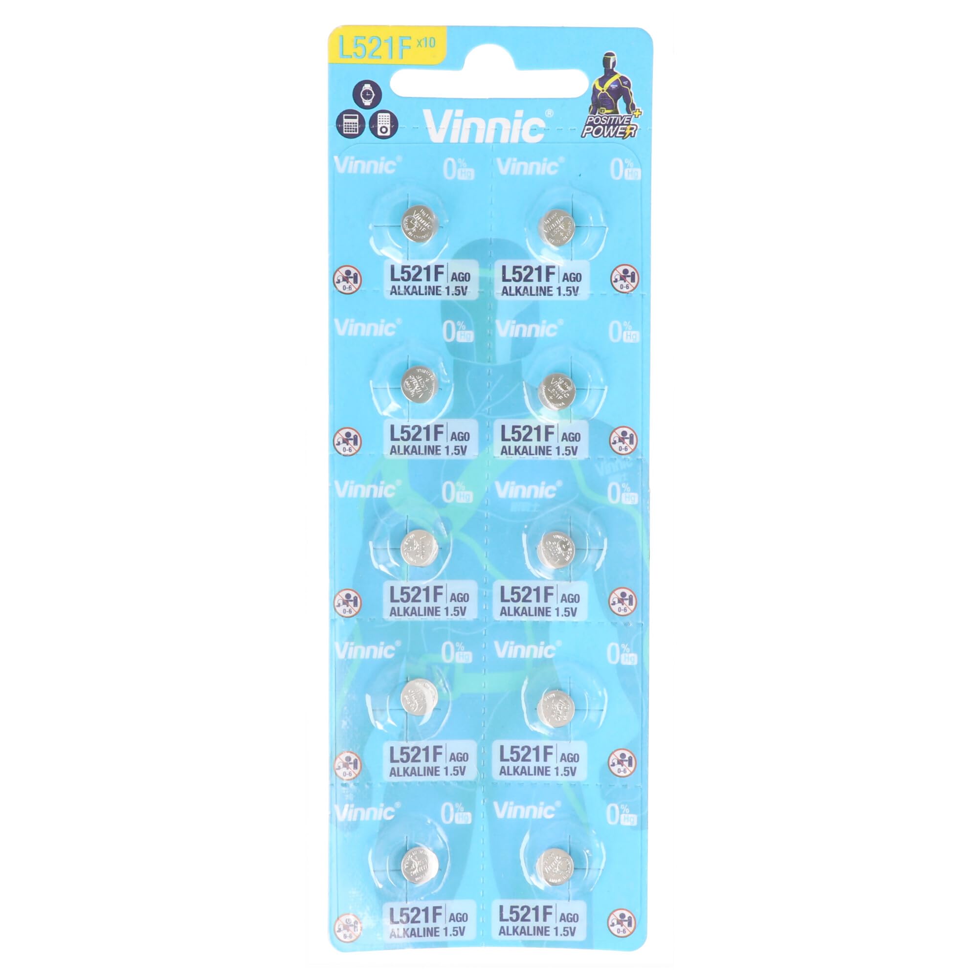 VINNIC Pila Boton Alcalina AG0 L521F LR63 Blister Pack of 10