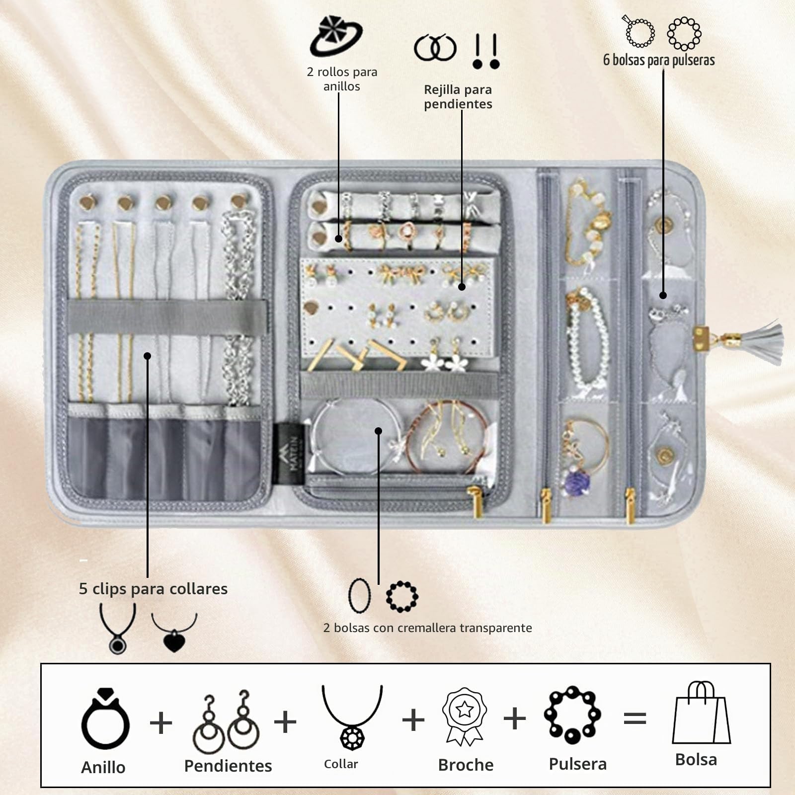 Rollo de Joyería Plegable Portáti Gran Capacidad Bolsa de Rollo de Joyería Portáti Enrollable Suave para Joyería Caja Joyero Portátil para Collares,Pendientes,Anillos, Pulsera,Pendientes Anillos(Gris)