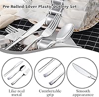 Vista 3 de N9R Juego de 75 cubiertos de plástico plateado preenrollados, 75 piezas (75 tenedores, 75 cuchillos, 75 cucharas, 75 servilletas), juego