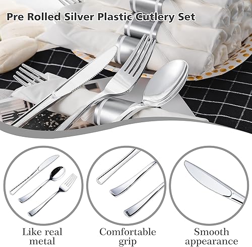 Miniatura 10 de N9R Paquete de 30 cubiertos de plástico dorado preenrollado, juego de cubiertos de plástico envuelto con 30 tenedores, 30 cuchillos, 30 cucharas y