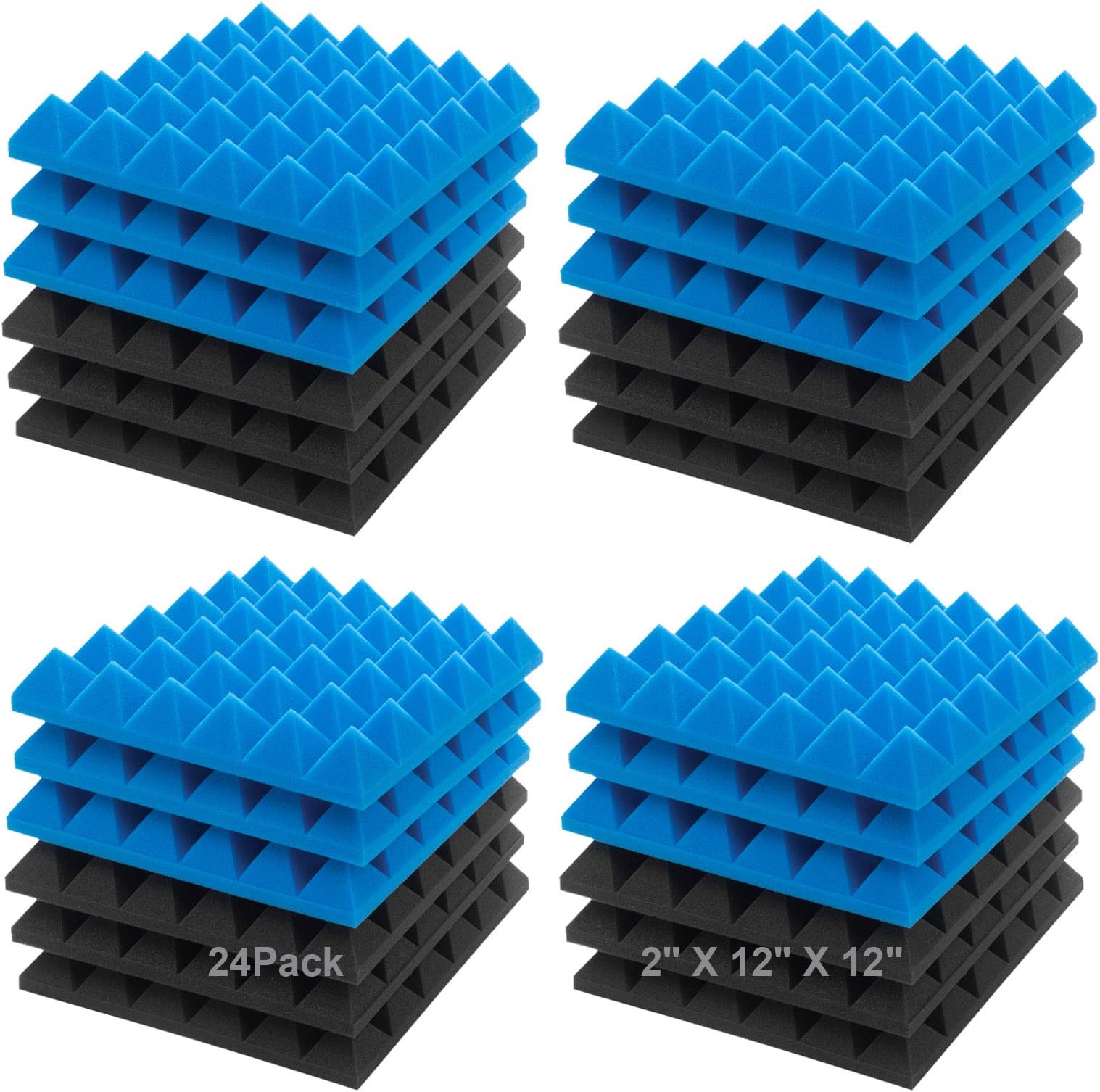 JBER Acoustic Sound Foam Panels, 24 Pack 5 X 30 X 30cm/2" X 12" X 12" Blue and Black Soundproofing Treatment Studio Wall Padding Sound Absorbing Fireproof Pyramid Acoustic Treatment