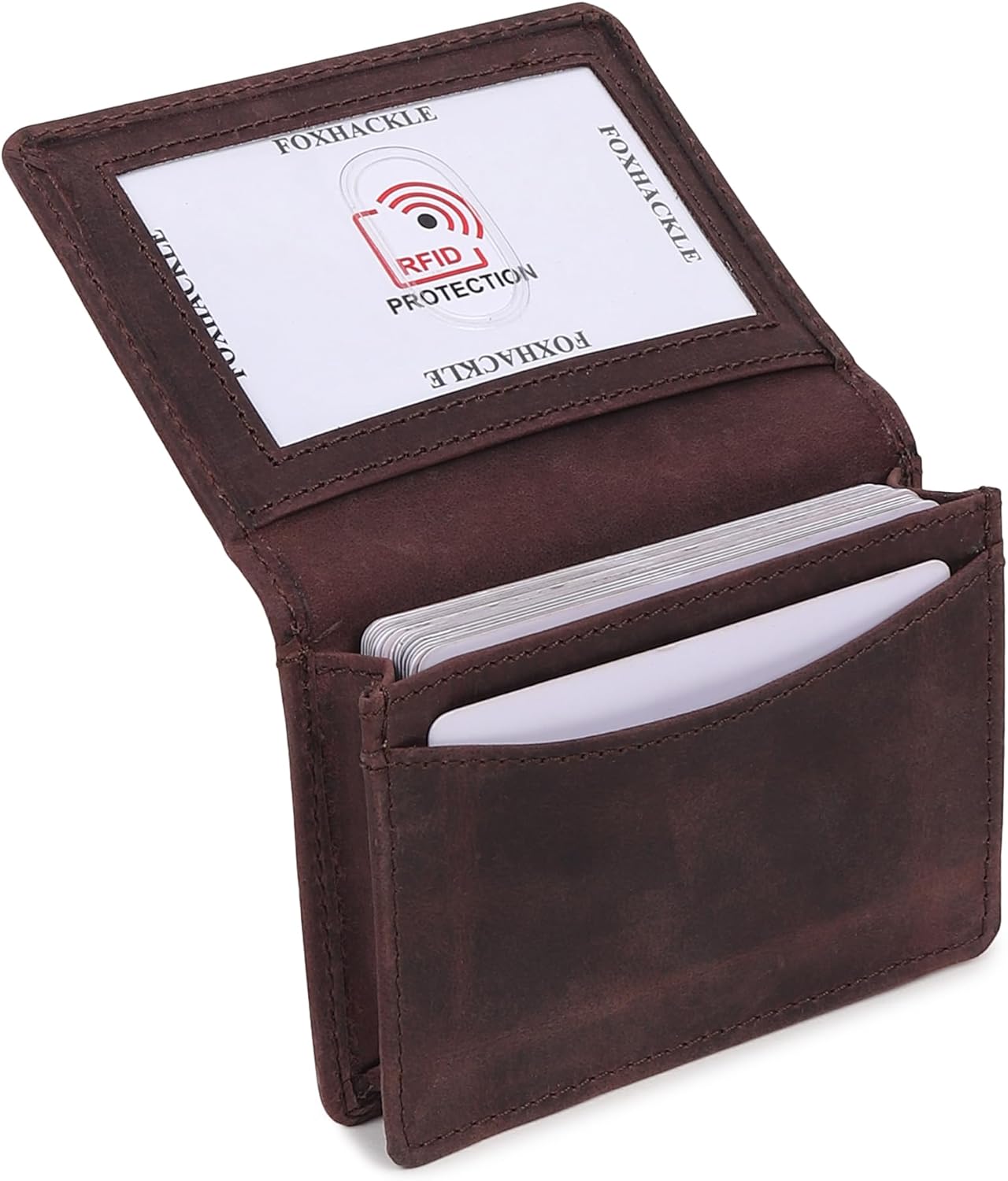 FOXHACKLE Leather Credit Card Holder For Men and Women, Small RFID Blocking Bifold Wallet (With ID Slot, Hunter Coffee Brown)