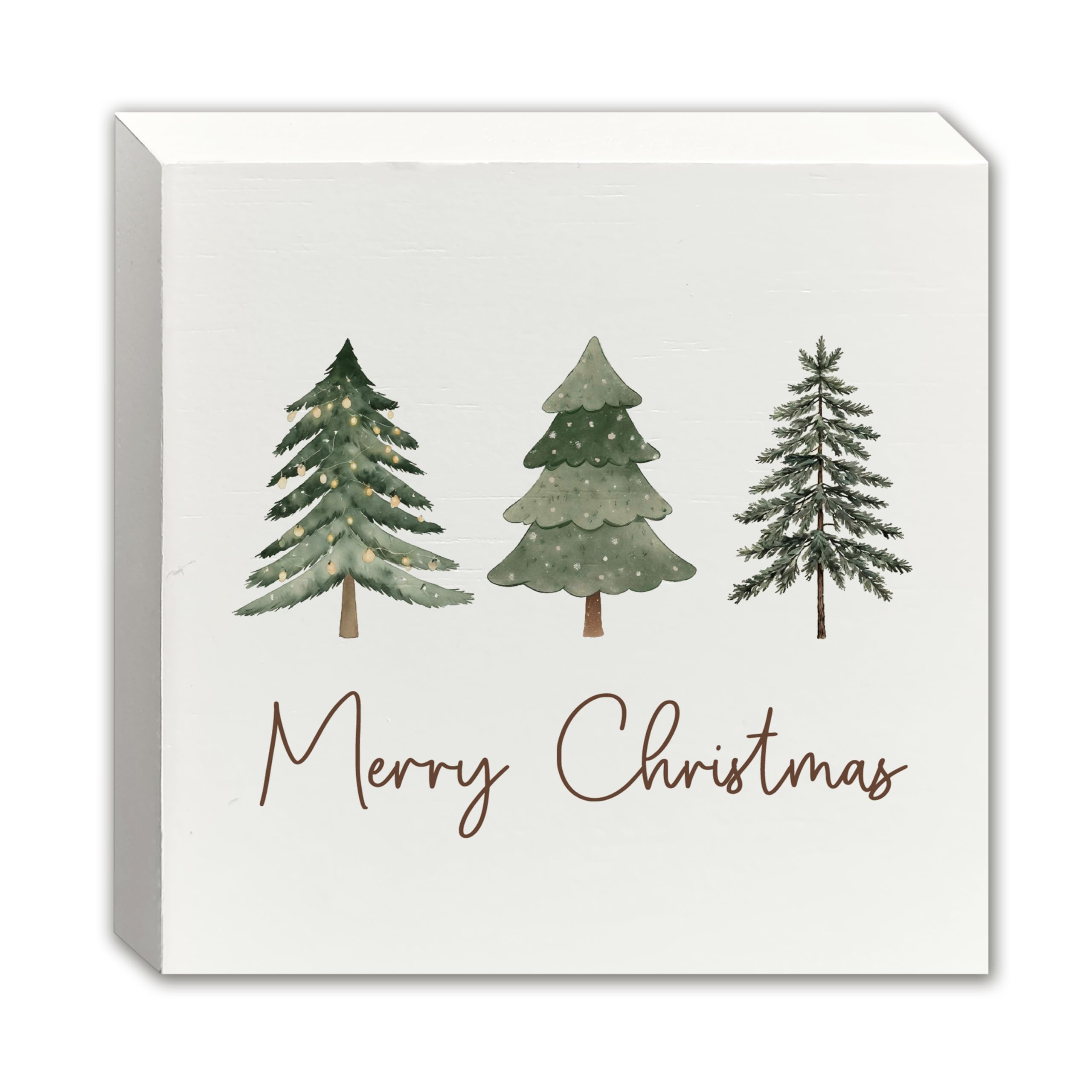 JWVK Green Christmas Tree Wood Signs, Farmhouse Decorations, Merry Christmas Sign, Rustic Wooden Box Block for Home Office Desk Shelf Table Decor, 5x5 Inch