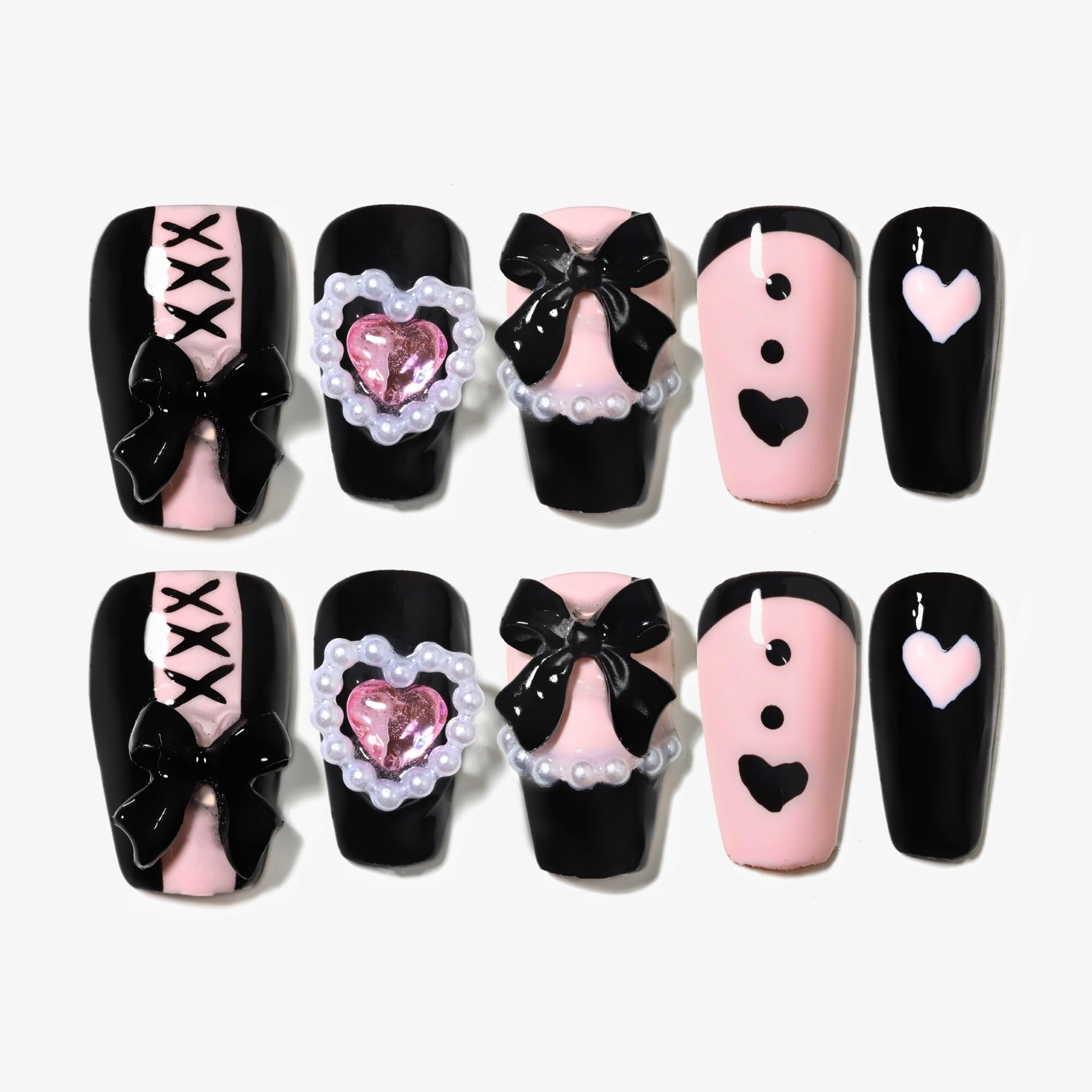 Sun&Beam Nails Handmade Press-on Square Round Trapezoid Nail Design False Nail Tips Pink and Black with Ribbon Stylish 10 Pcs Set (#149 L)