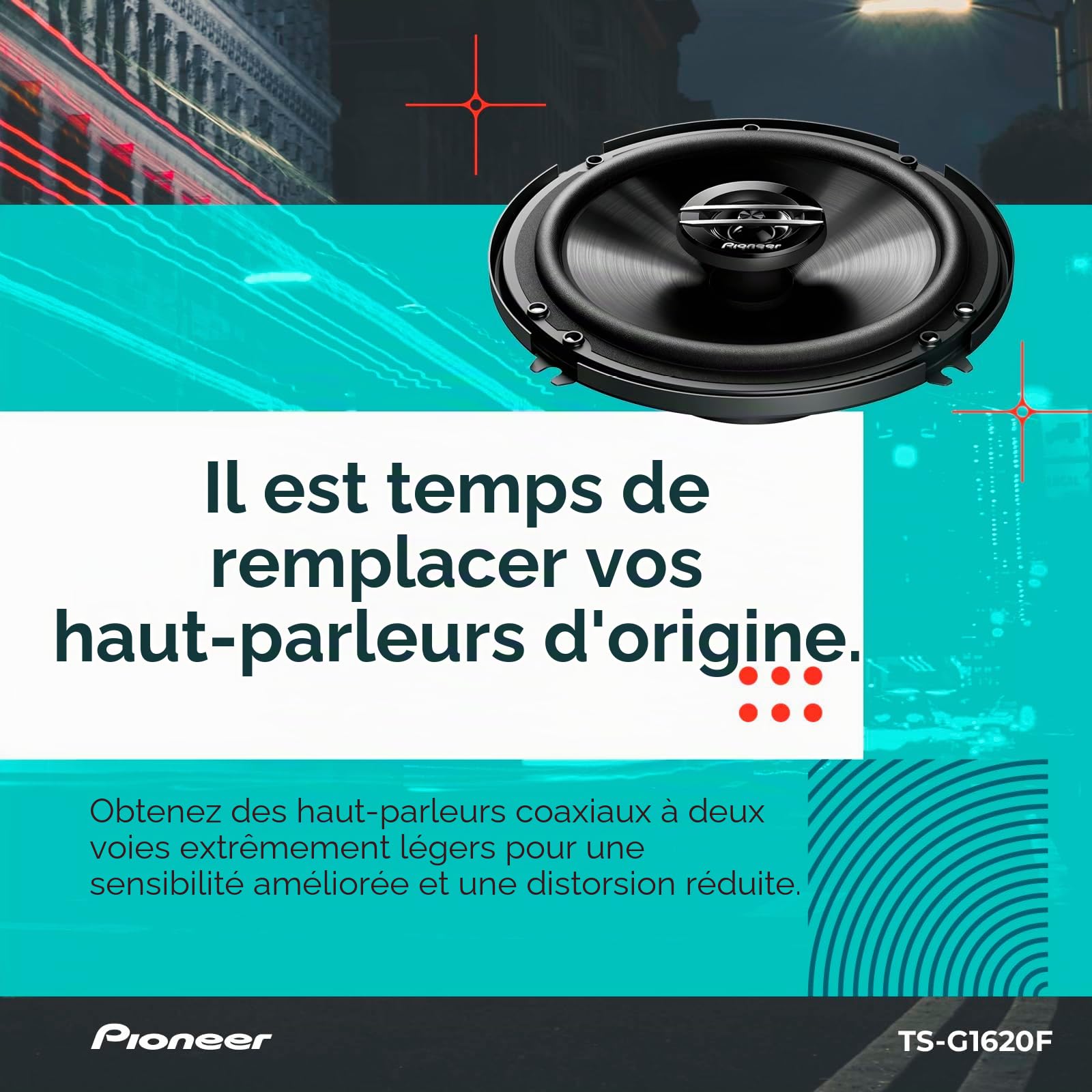 Pioneer TS-G1620F Haut-Parleur coaxial 2 Voies 6-1/2" 300 W Max. / 40 W Nom., 32,90 po x 7,40 po x 8,1 cm, Noir