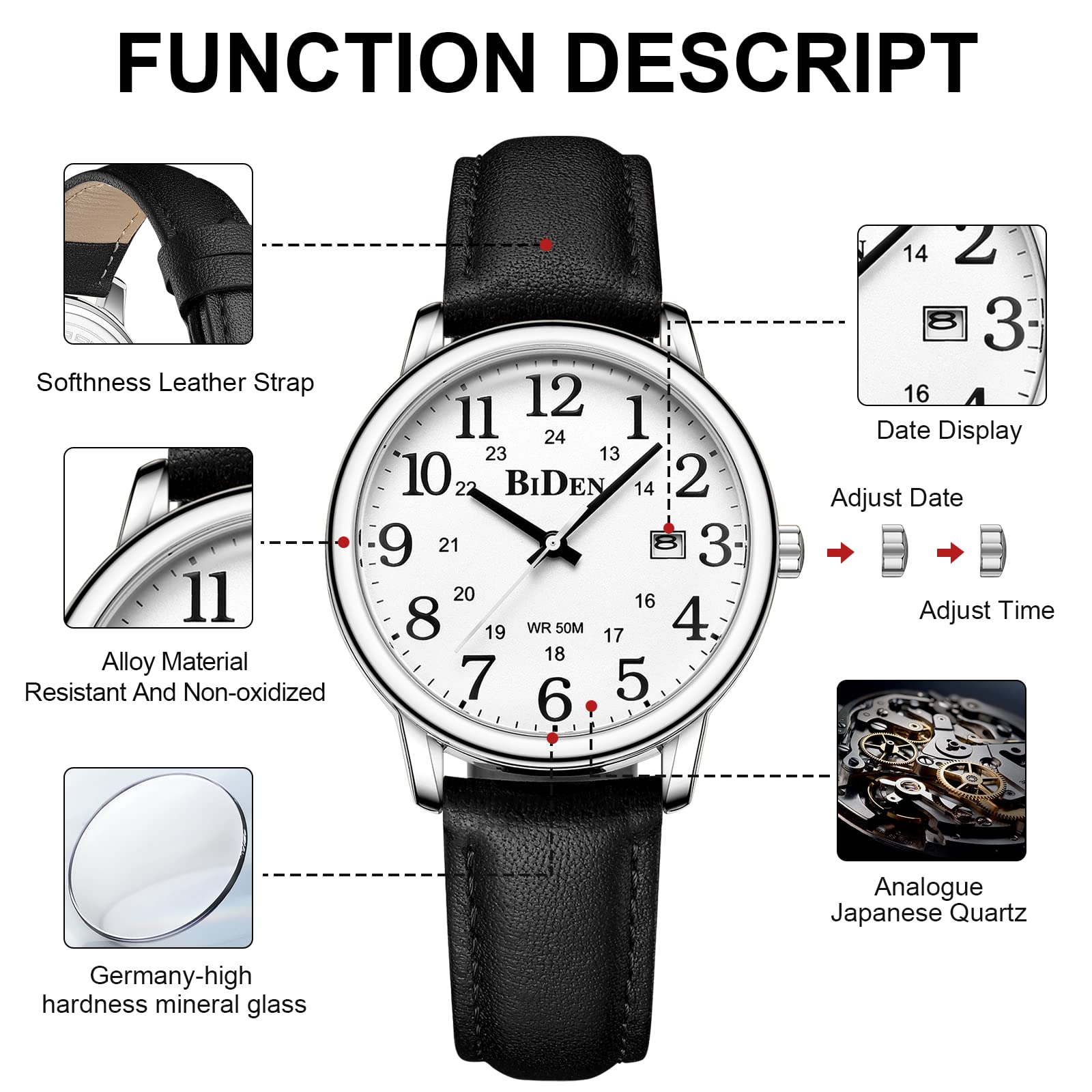HANPOSH Montre Homme Bracelets en Cuir avec Grand Cadran numérique, faciles à Lire, Montres à Quartz étanches Montres pour Hommes ou Femmes