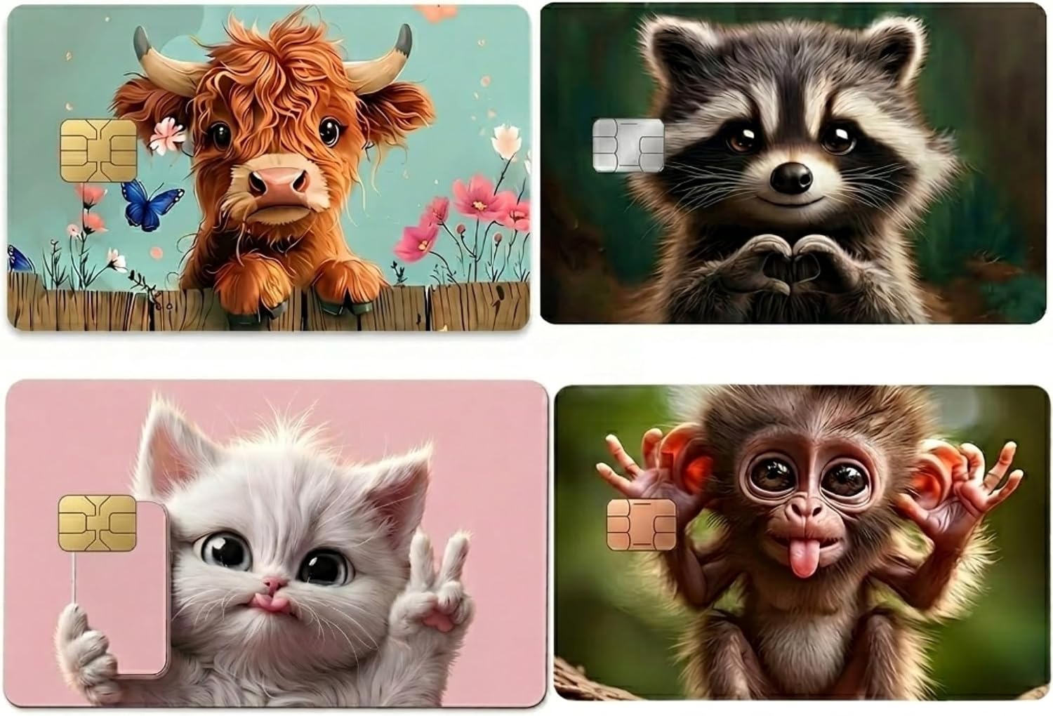 Funny Animal Credit Card Skin Set of 4 - Cute Highland Cow Raccoon Kitten Baby Monkey Vinyl Card Wrap, Adorable Kawaii Animal Decorative Card Skin for Standard Credit Debit Cards Chip Cutout