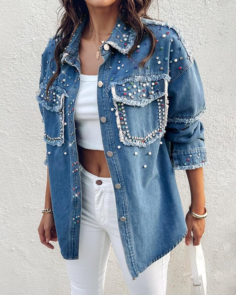 CHICME Womens Casual Denim Jacket Contrast Sequin Long Sleeve Rhinestone Denim Jackets-bl-M - Image 2