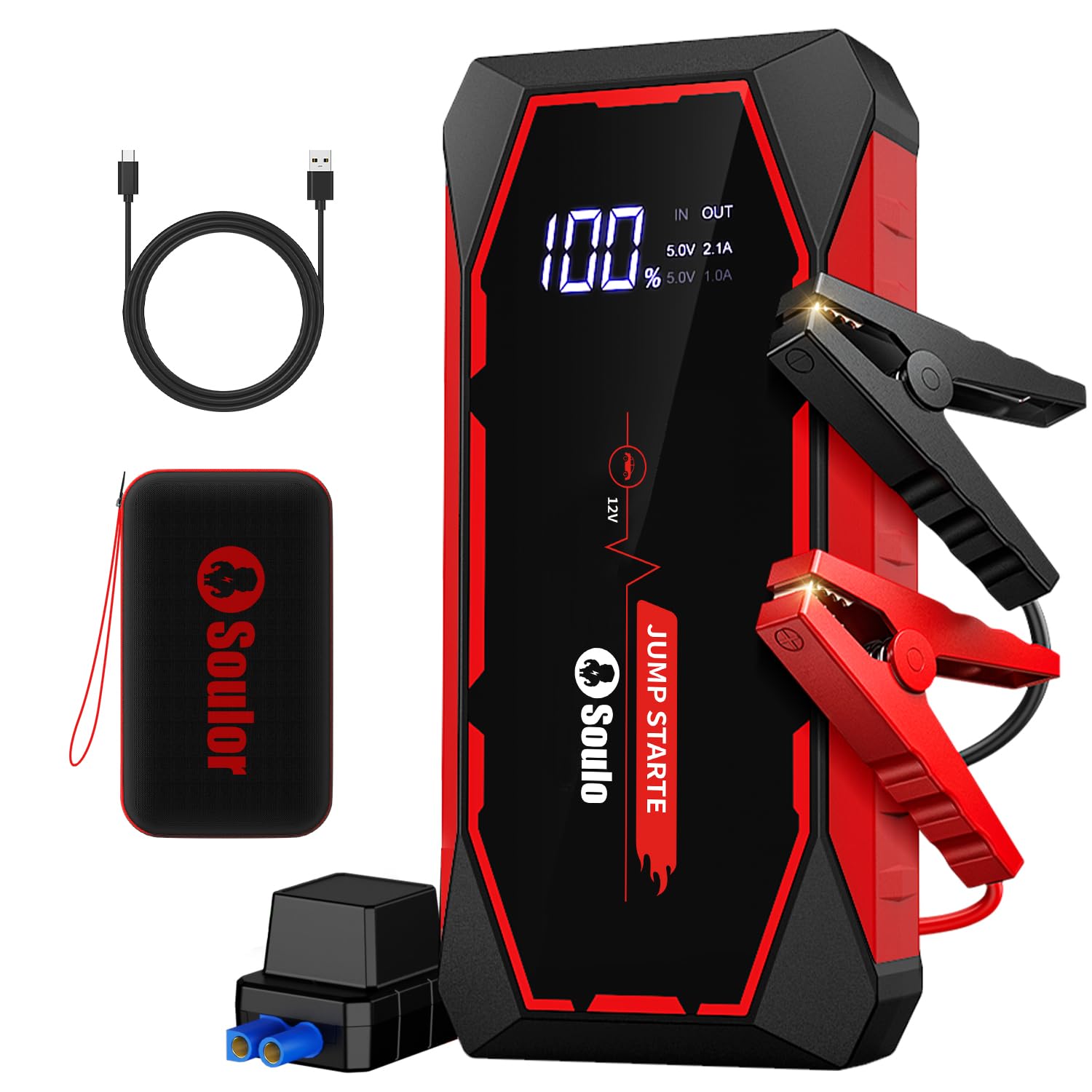 Jump Starter, 5000A Battery Jumper Starter Portable, Car Battery Jump Starter, Power Booster Pack 12V Lithium Jump Box with Jumper Cable and LED Lights (All Gas / 12L Diesel Engines)