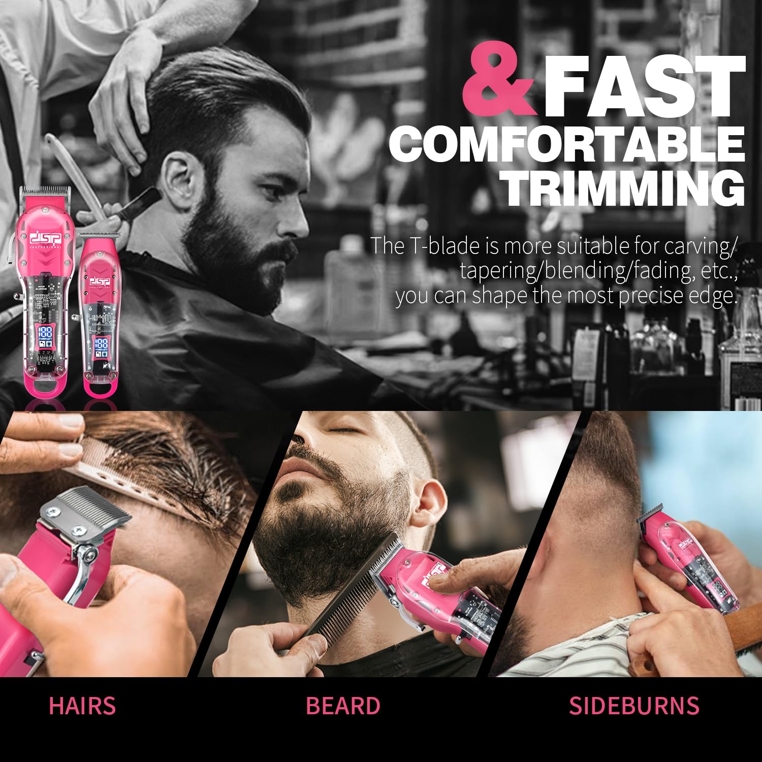 DSP® Kit Tagliacapelli per Uomo - Set da Barbiere Professionale per Taglio Capelli e Barba - Tagliacapelli a Distanza Zero Con Display LED (Rosa)