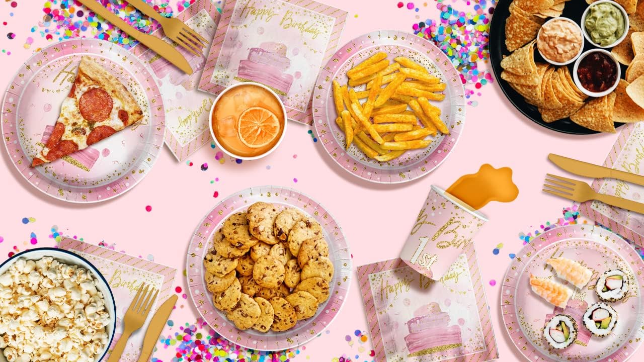 Happy 1st Birthday Pink and Gold Party Supplies - 64 Piece Girls First Birthday Tableware Set Includes Large 9" Dinner Plates and 7" Dessert Paper Plates Napkins Cups - Kit for 16