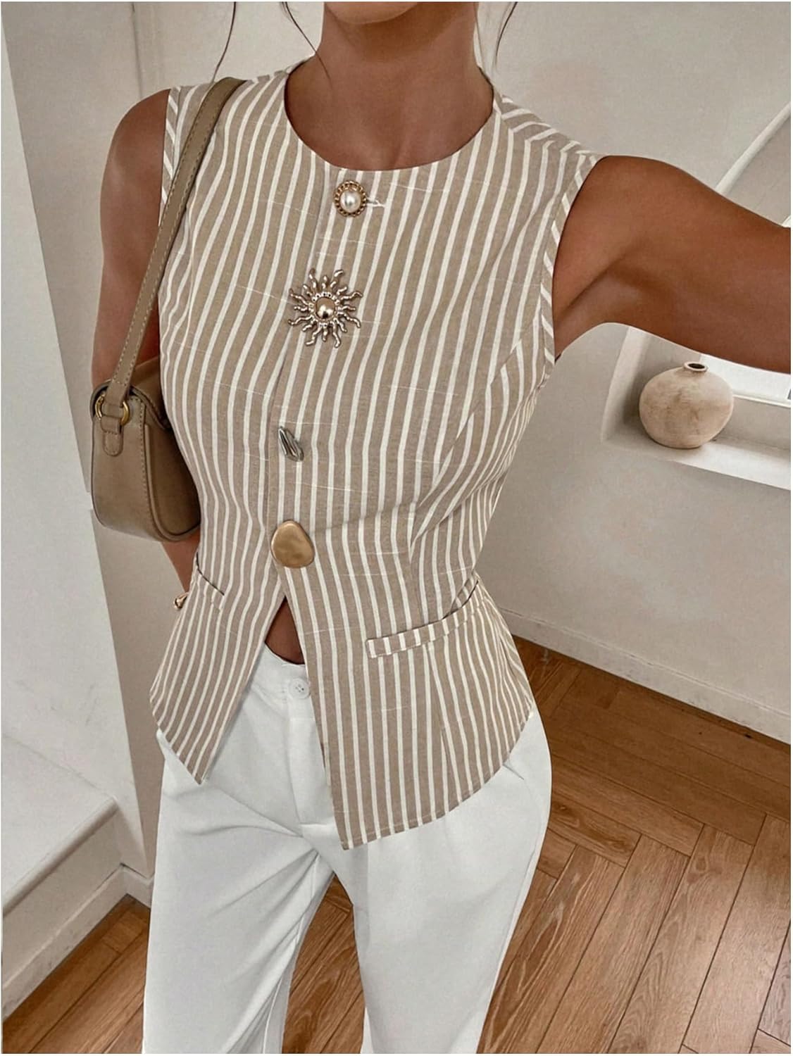 MakeMeChic Women's Striped Vest Top Metal Button Front Sleeveless Business Casual Tank - Image 3