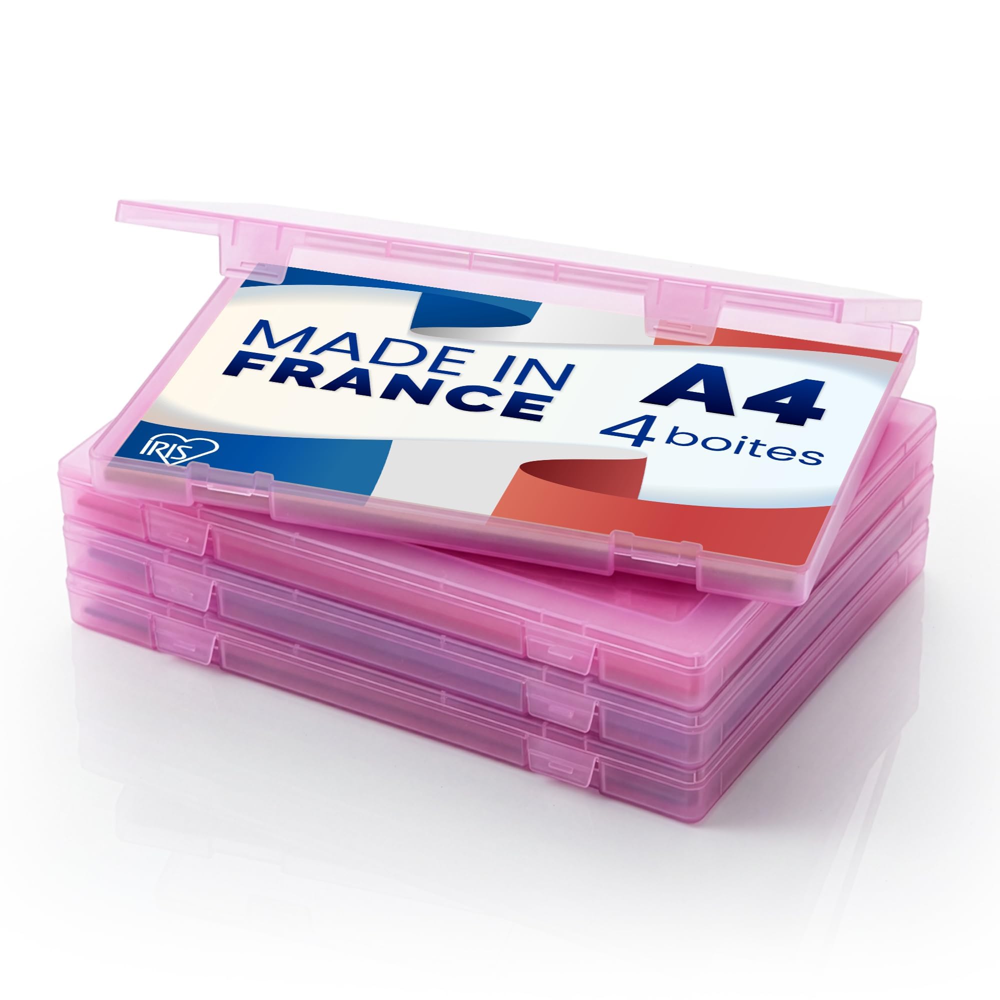 Iris Ohyama, PJC-A4 Office Storage Box, Set of 4, Pink, Capacity of 150 A4 Sheets, Stackable with Handle and Secure Closure, BPA-Free, Folder, Folder, Folder, Folder, Folder, PJC-A4