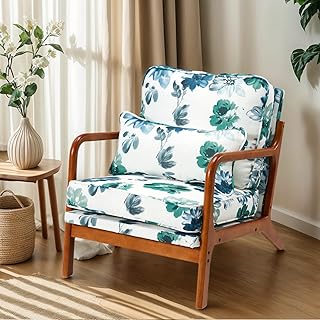 Floral-Mid Century Modern Accent Chairs,Solid Rubber Wood Frame Living C...