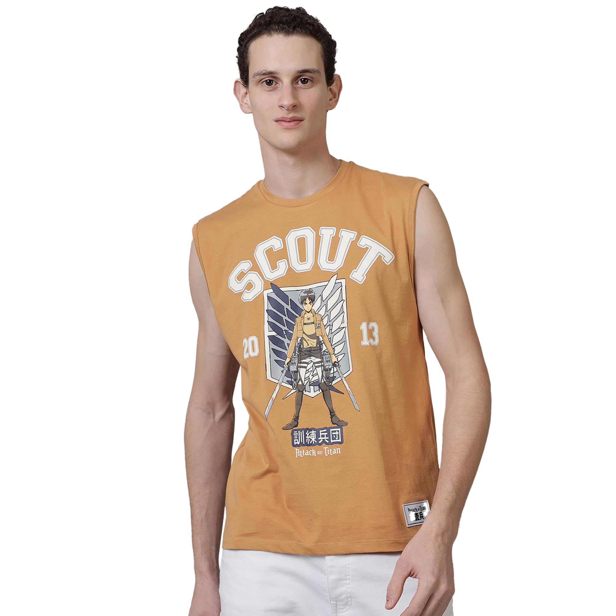 Official Attack On Titans:Scout Anime Graphic Print Pure Cotton Brown Regular Fit Sleeveless Tank Tshirt for Men-image-37