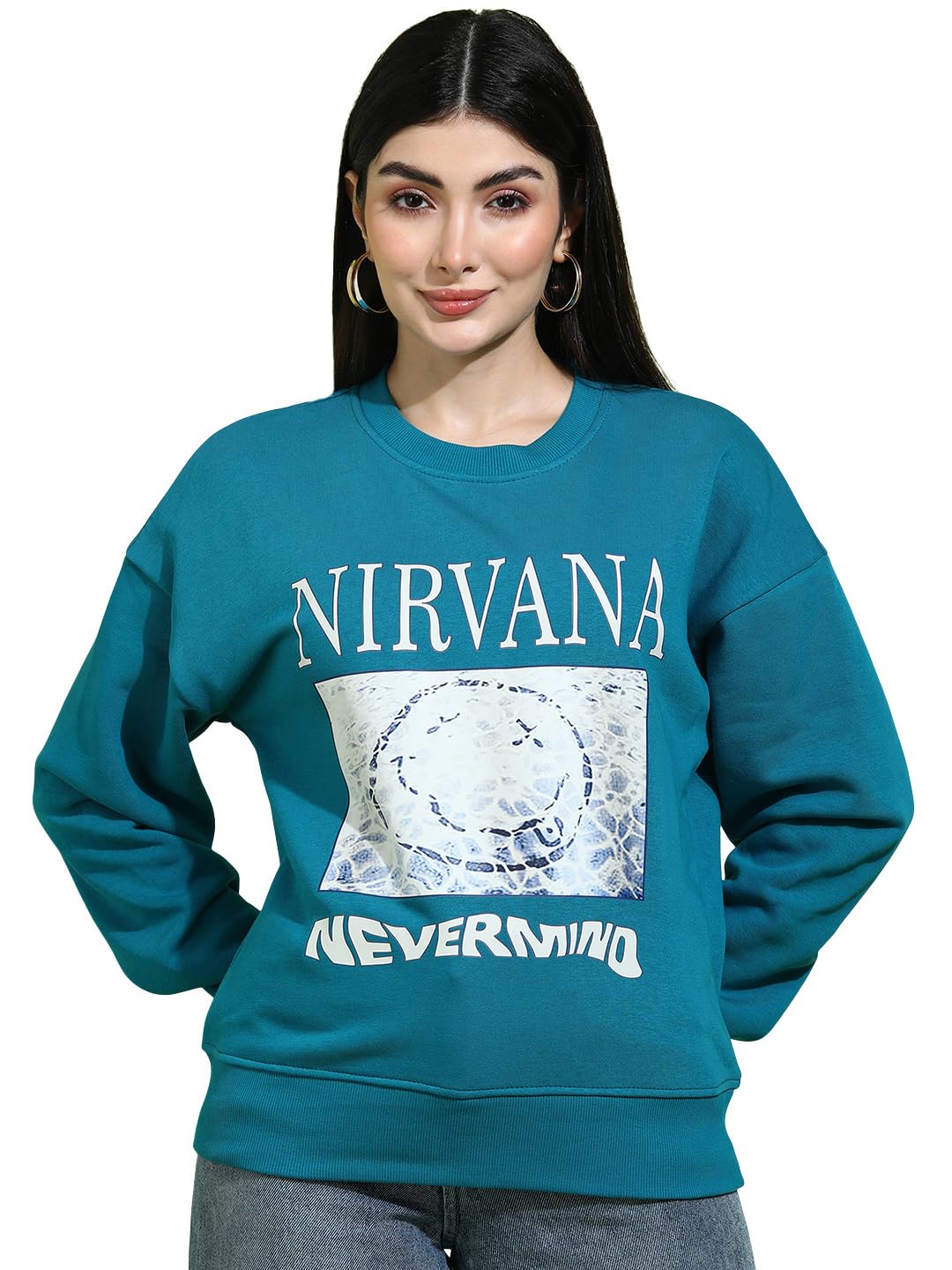 Women’s Sky Blue Printed Oversized,Round Neck, Long Sleeves Sweatshirt-image-44