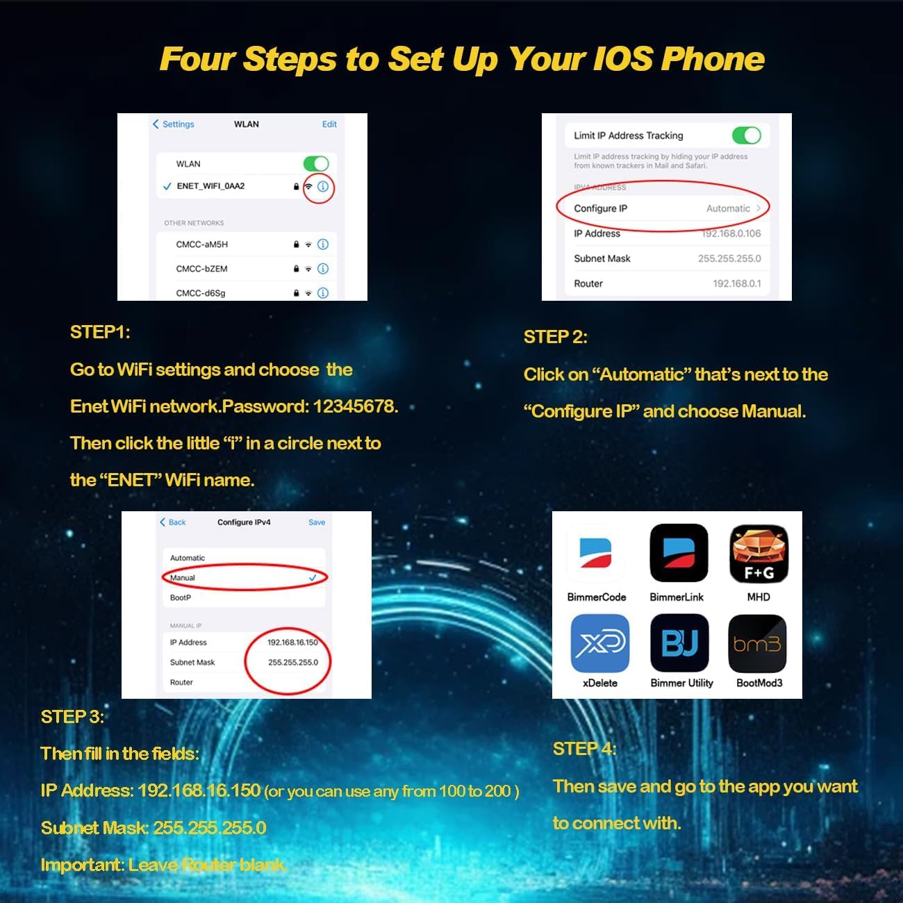 Bootmod3 OBD Enet WiFi Adapter für BMW F/G Serie, Mini e A90/A91 Supra Carplay, Kompatibel mit BimmerCode, MHD, Ethernet zu OBD2 Diagnose- und Codier-Scanner-Tool, Funktioniert auf iOS