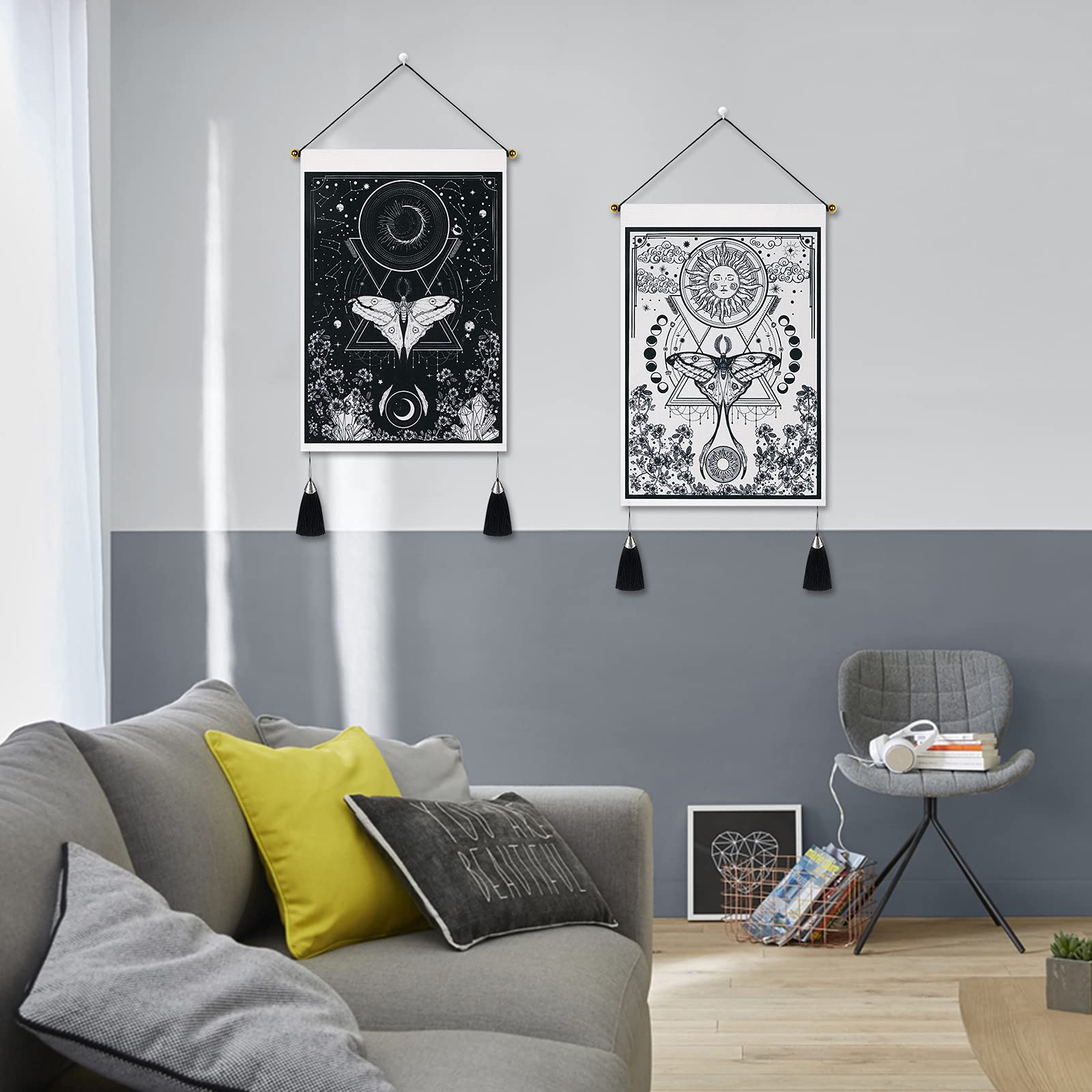 Boho Schmetterling Wandteppich – Mit Mondphase & Floralen Motiven, Polyester, In 4 Größen, Für Schlafzimmer & Wohnzimmer