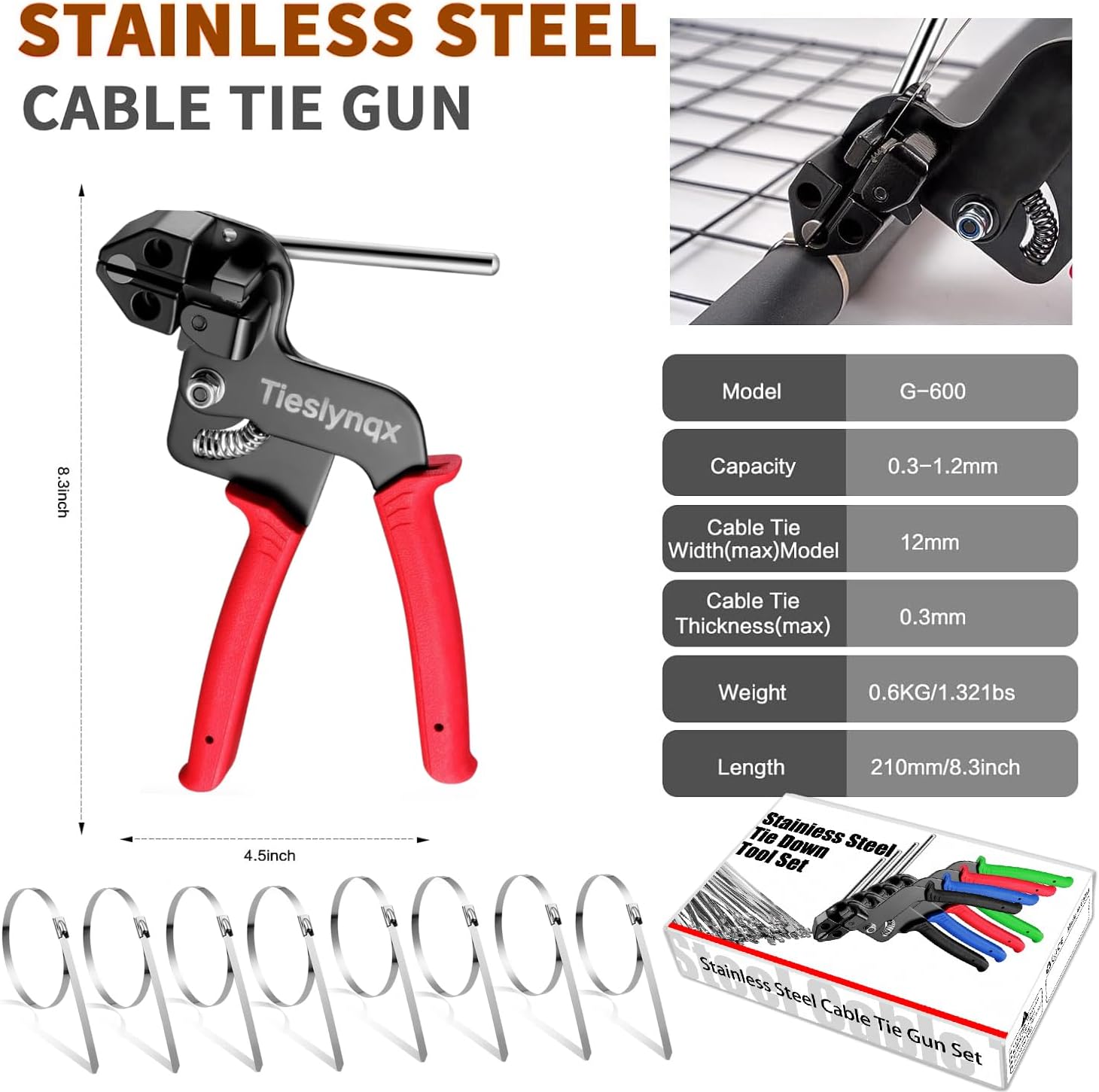 Stainless Steel Cable Tie Gun Set, with 150PCS Black Metal Zip Ties (50 Each of 7.8, 9.8, 11.8 Inch), Adjustable Fastening Cutting Tie Tool Sets for Fencing, Exhaust Pipes, Automotive