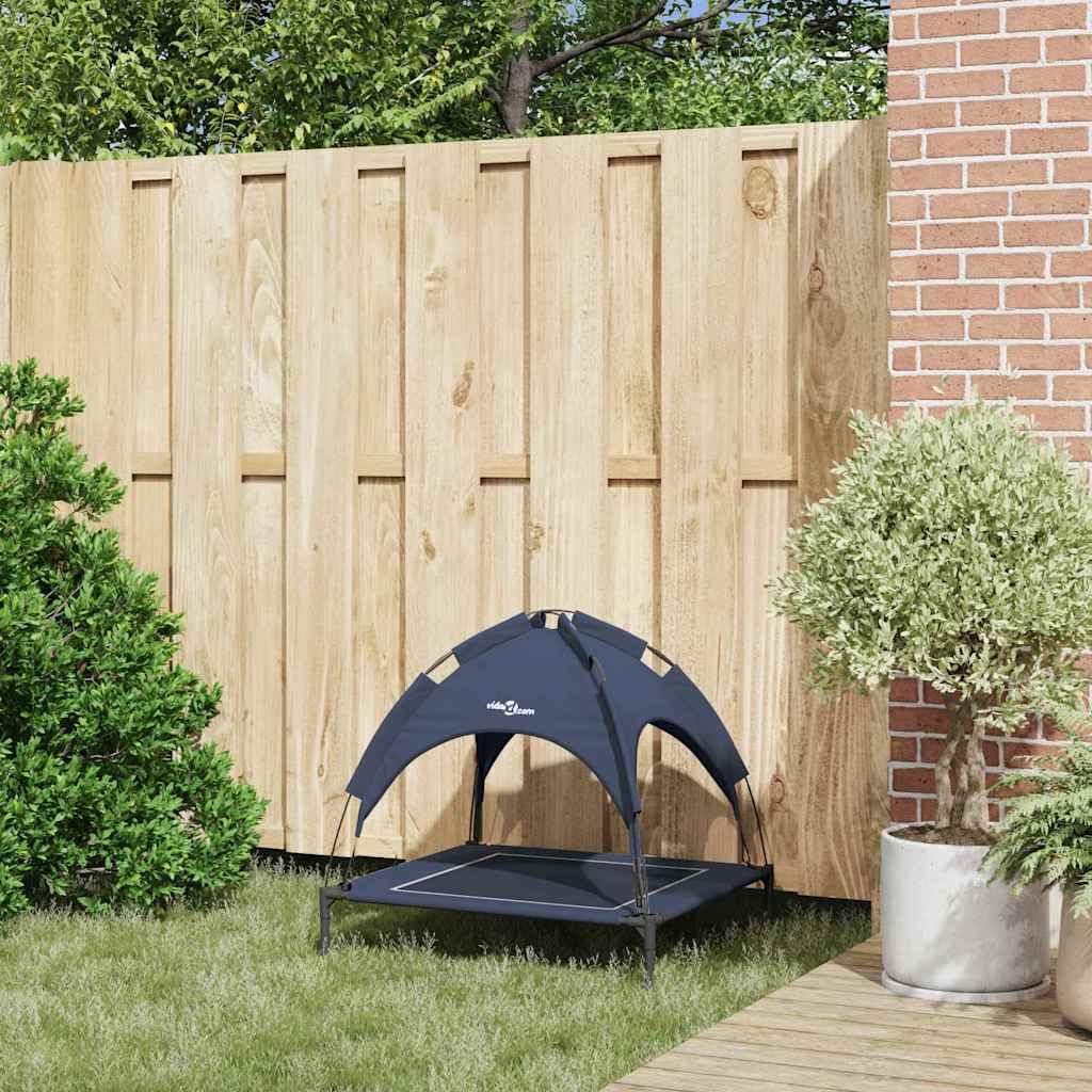 Cama elevada para perros con techo para exteriores, 71 x 64 x 71 cm, plegable, ligera y estable, marco de acero para mascotas, jardín, terraza e interiores, color azul marino